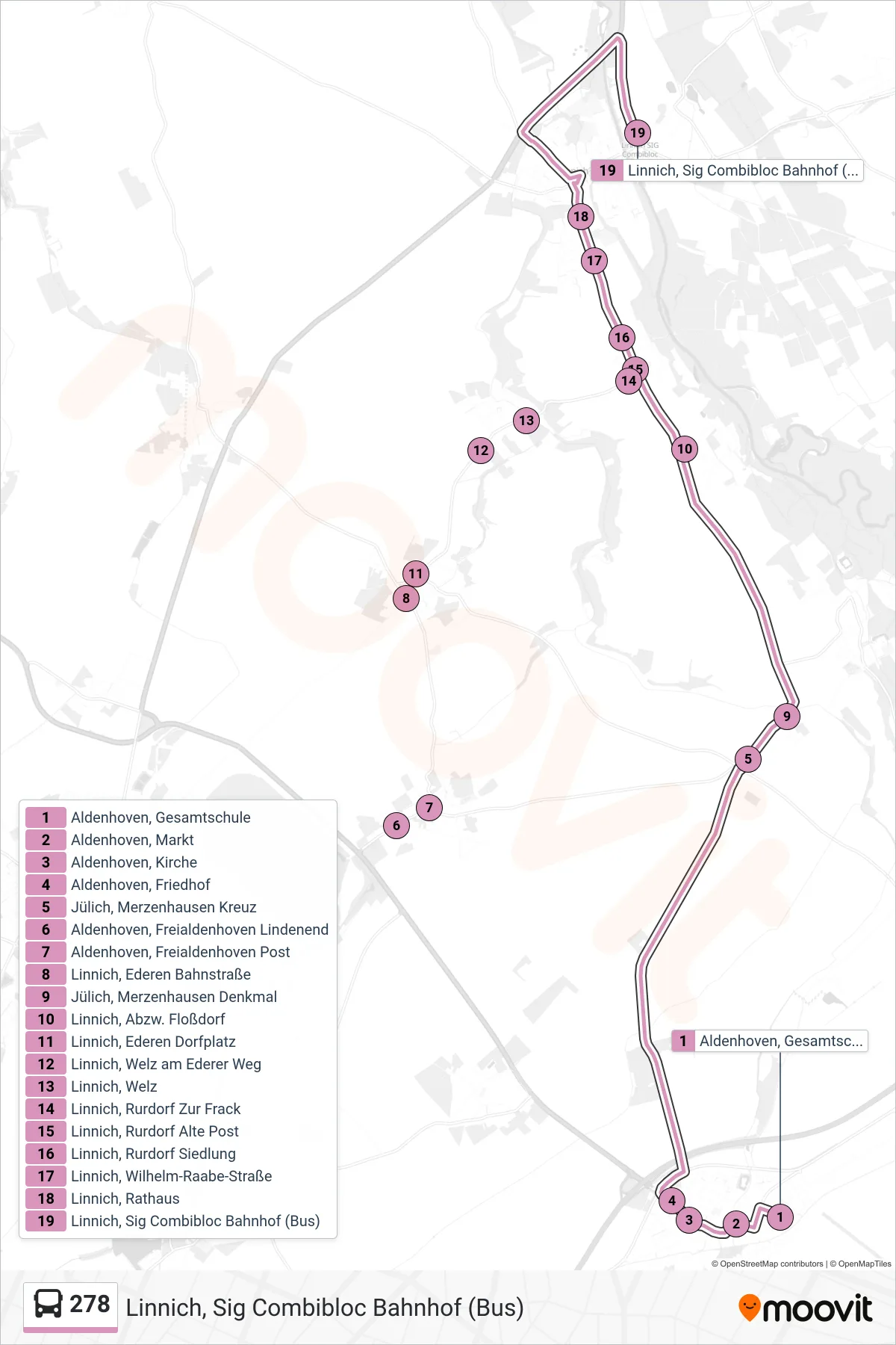 278 bus Line (Linnich, Sig Combibloc Bahnhof (Bus)) route and stops on a map