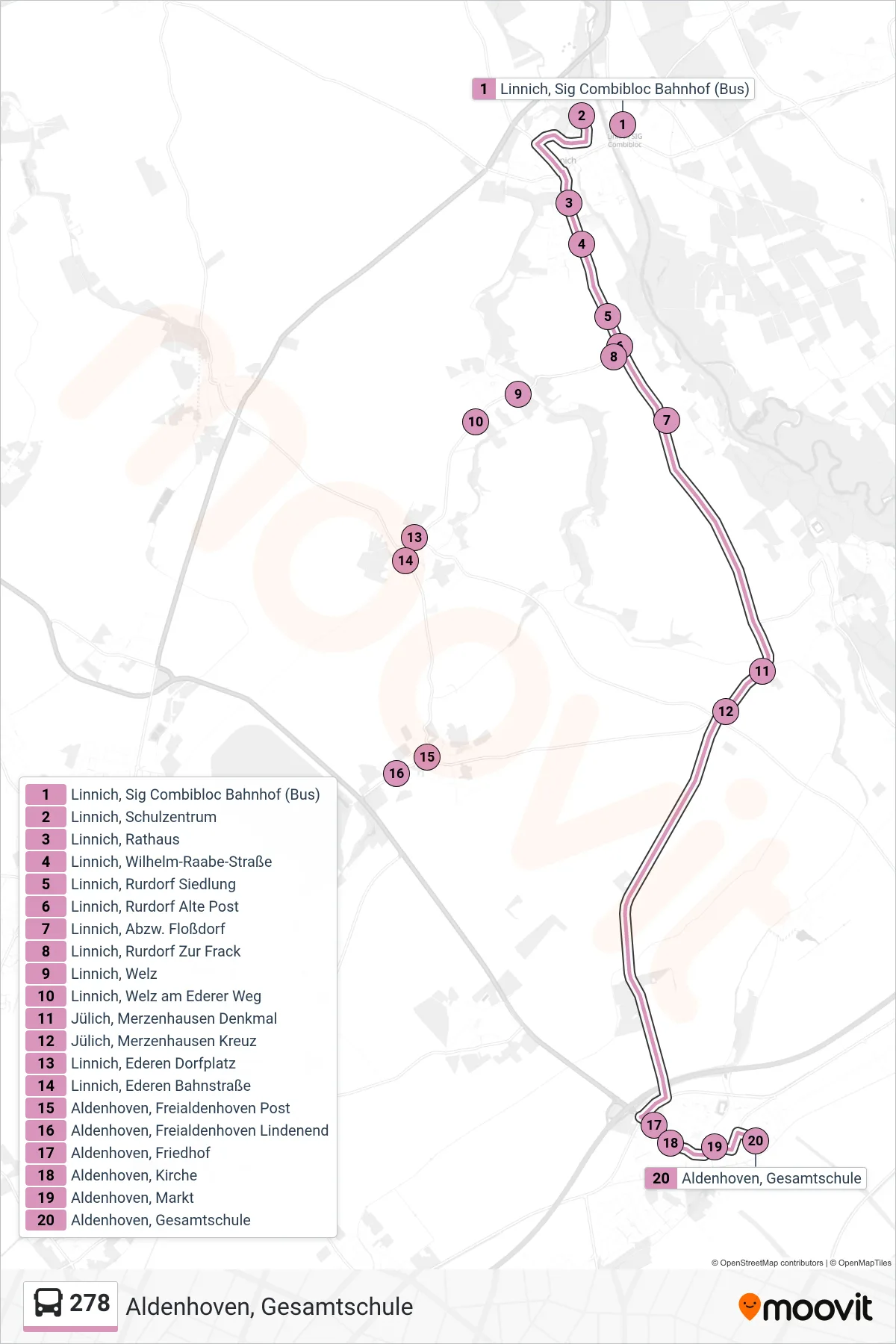 Linie 278 (Bus) Richtung Aldenhoven, Gesamtschule: Route und Haltestellen auf der Karte