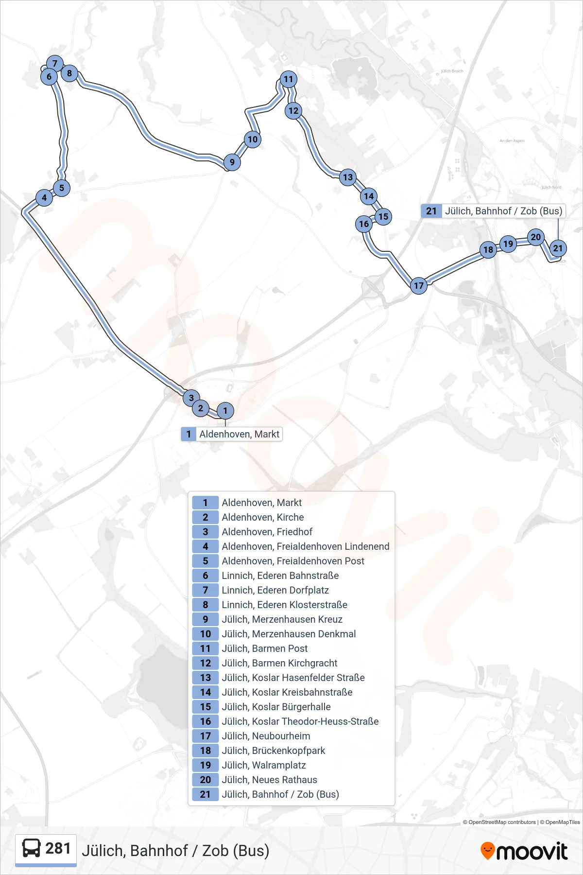 Linie 281 (Bus) Richtung Jülich, Bahnhof / Zob (Bus): Route und Haltestellen auf der Karte