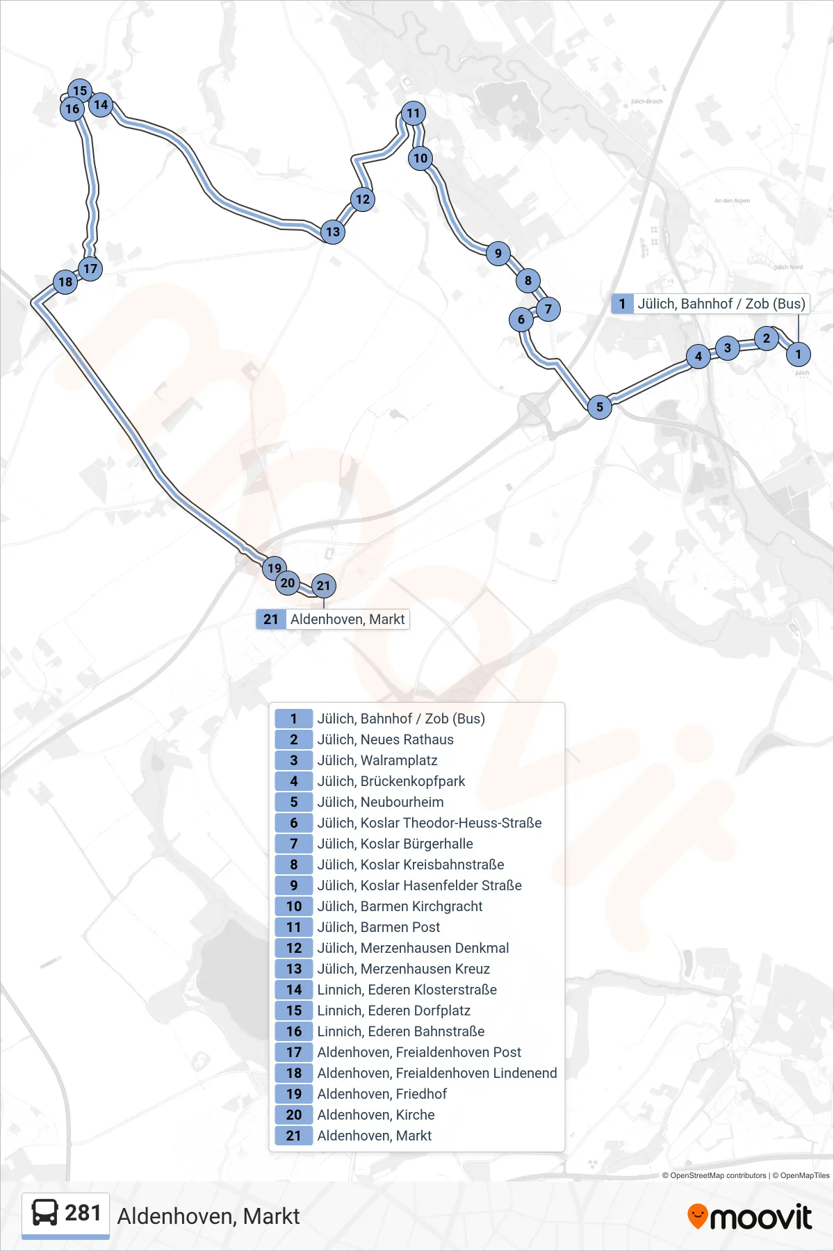 Linie 281 (Bus) Richtung Aldenhoven, Markt: Route und Haltestellen auf der Karte