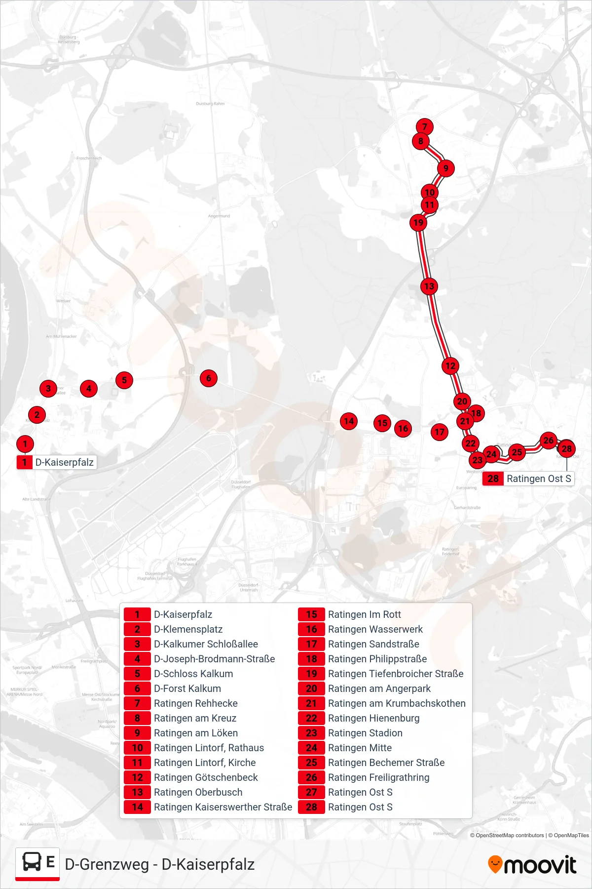 Linie E (Bus) Richtung Ratingen Ost S: Route und Haltestellen auf der Karte