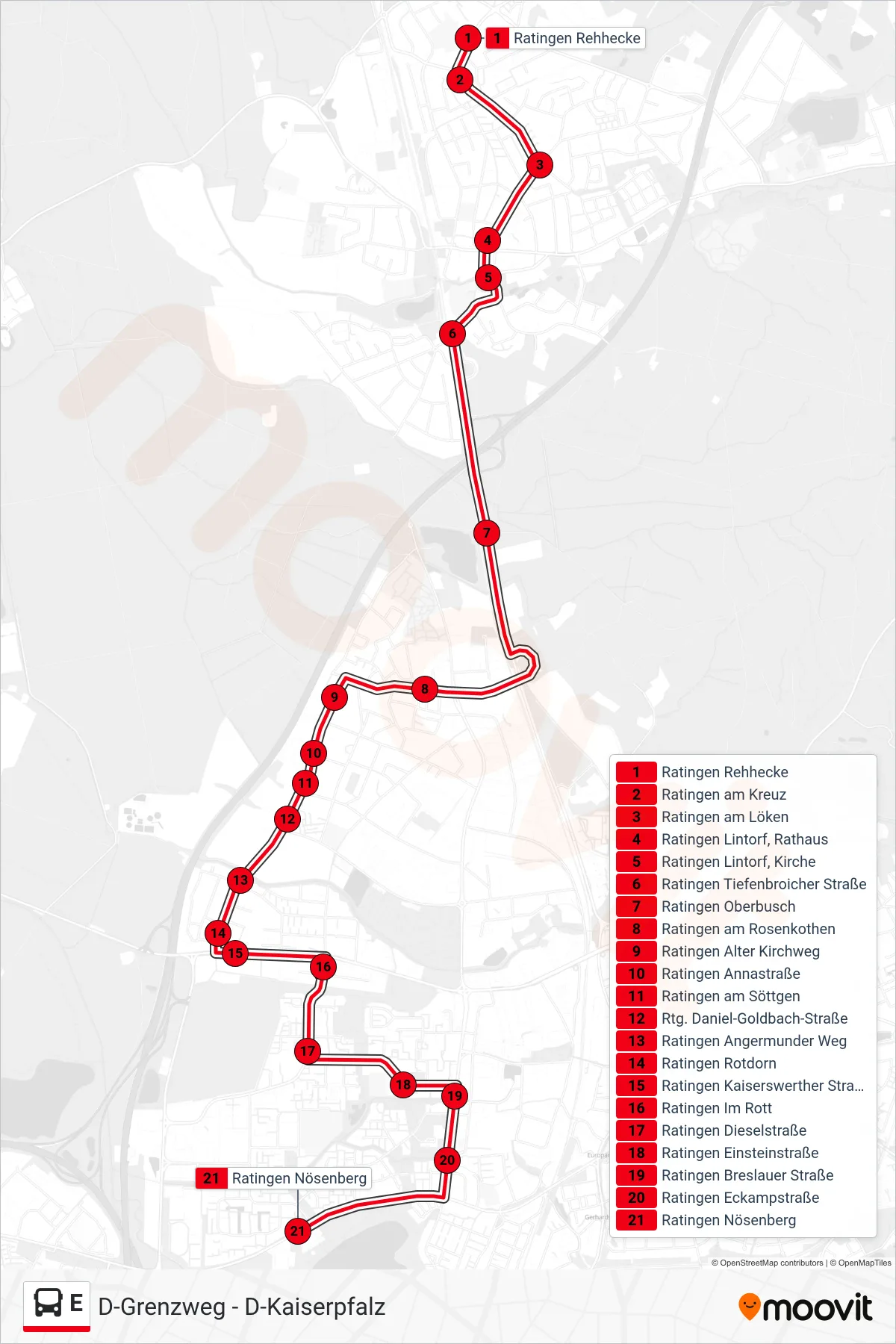Linie E (Bus) Richtung Ratingen Nösenberg: Route und Haltestellen auf der Karte