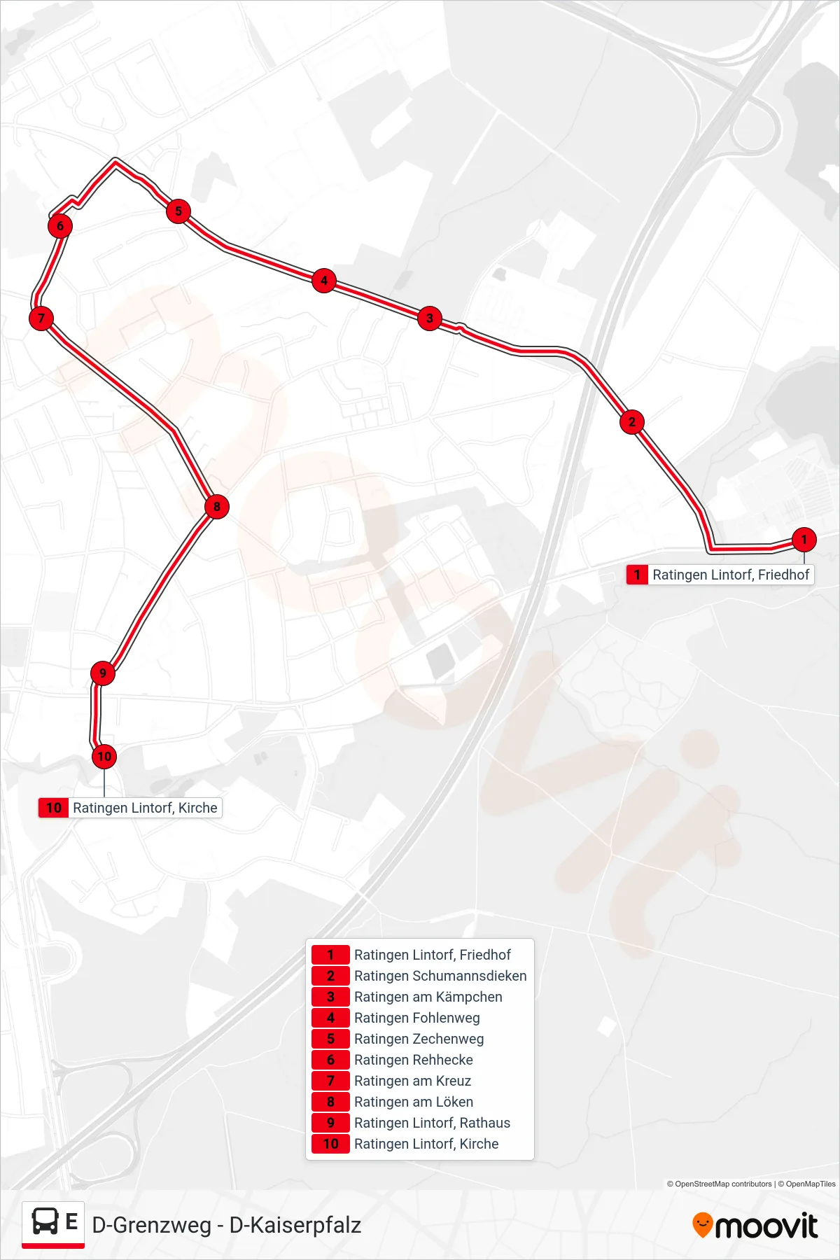 Linie E (Bus) Richtung Ratingen Lintorf, Kirche: Route und Haltestellen auf der Karte