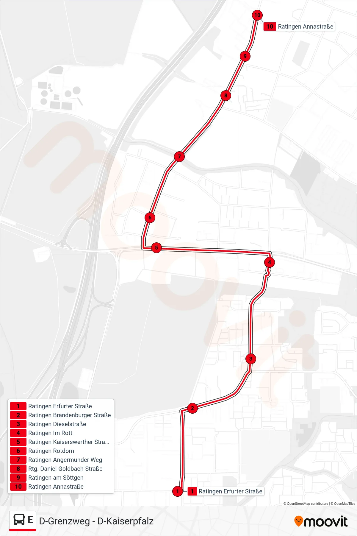 Linie E (Bus) Richtung Ratingen Annastraße: Route und Haltestellen auf der Karte