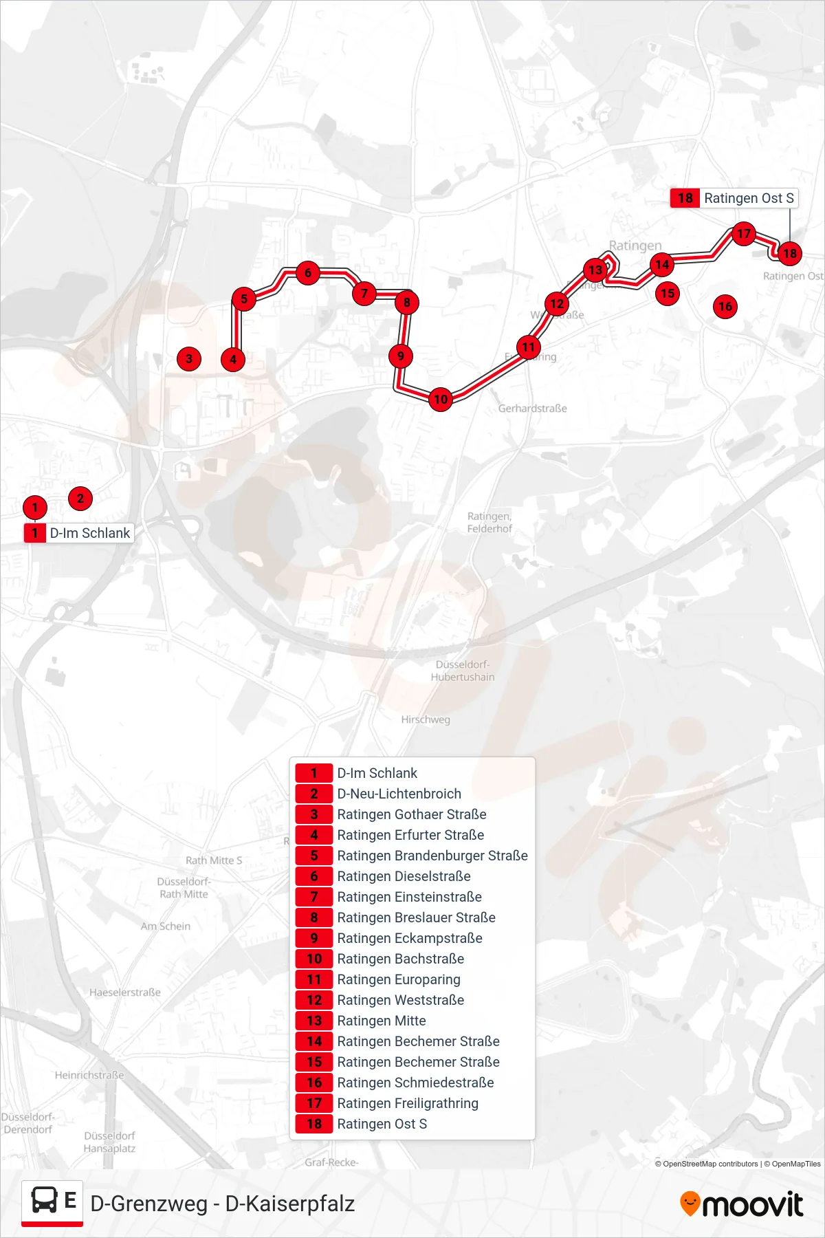 E bus Line (Ratingen Ost S) route and stops on a map