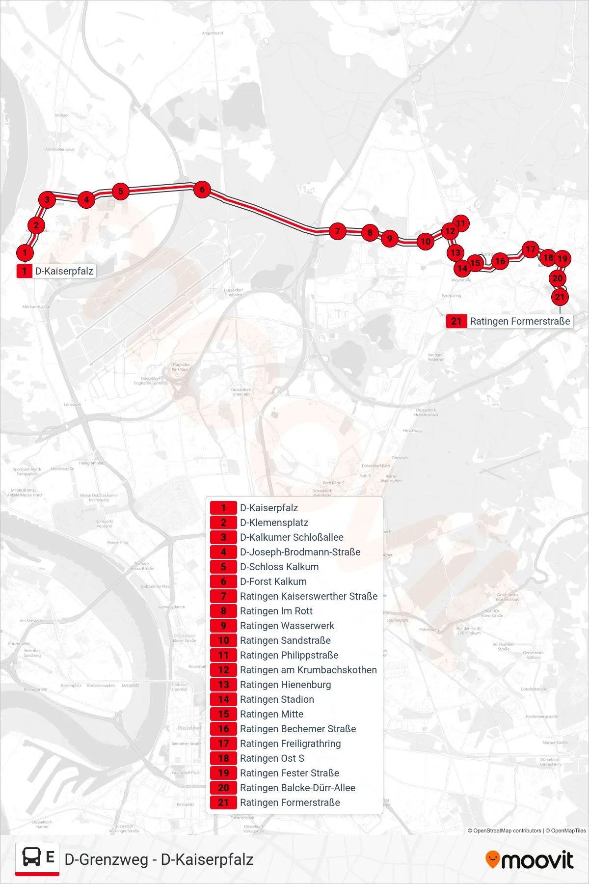 Linie E (Bus) Richtung Ratingen Formerstraße: Route und Haltestellen auf der Karte