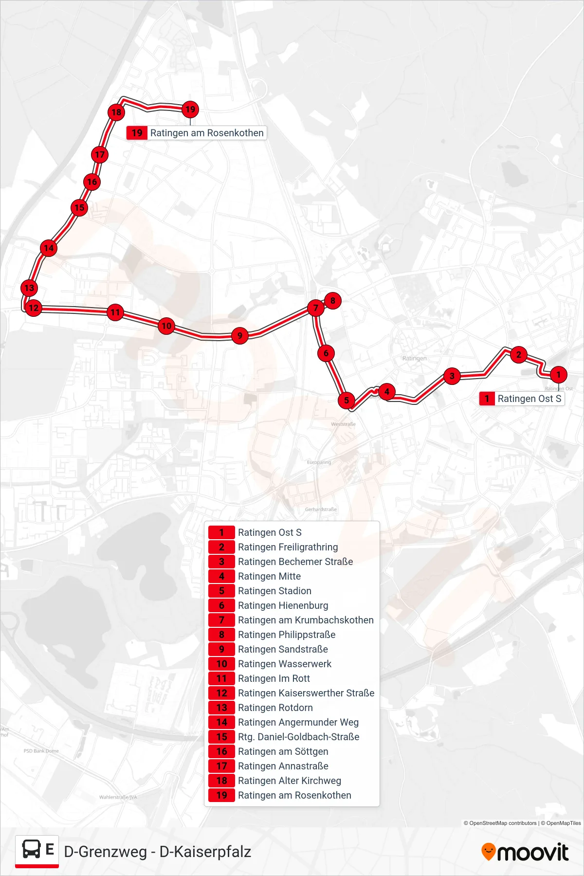 Linie E (Bus) Richtung Ratingen am Rosenkothen: Route und Haltestellen auf der Karte