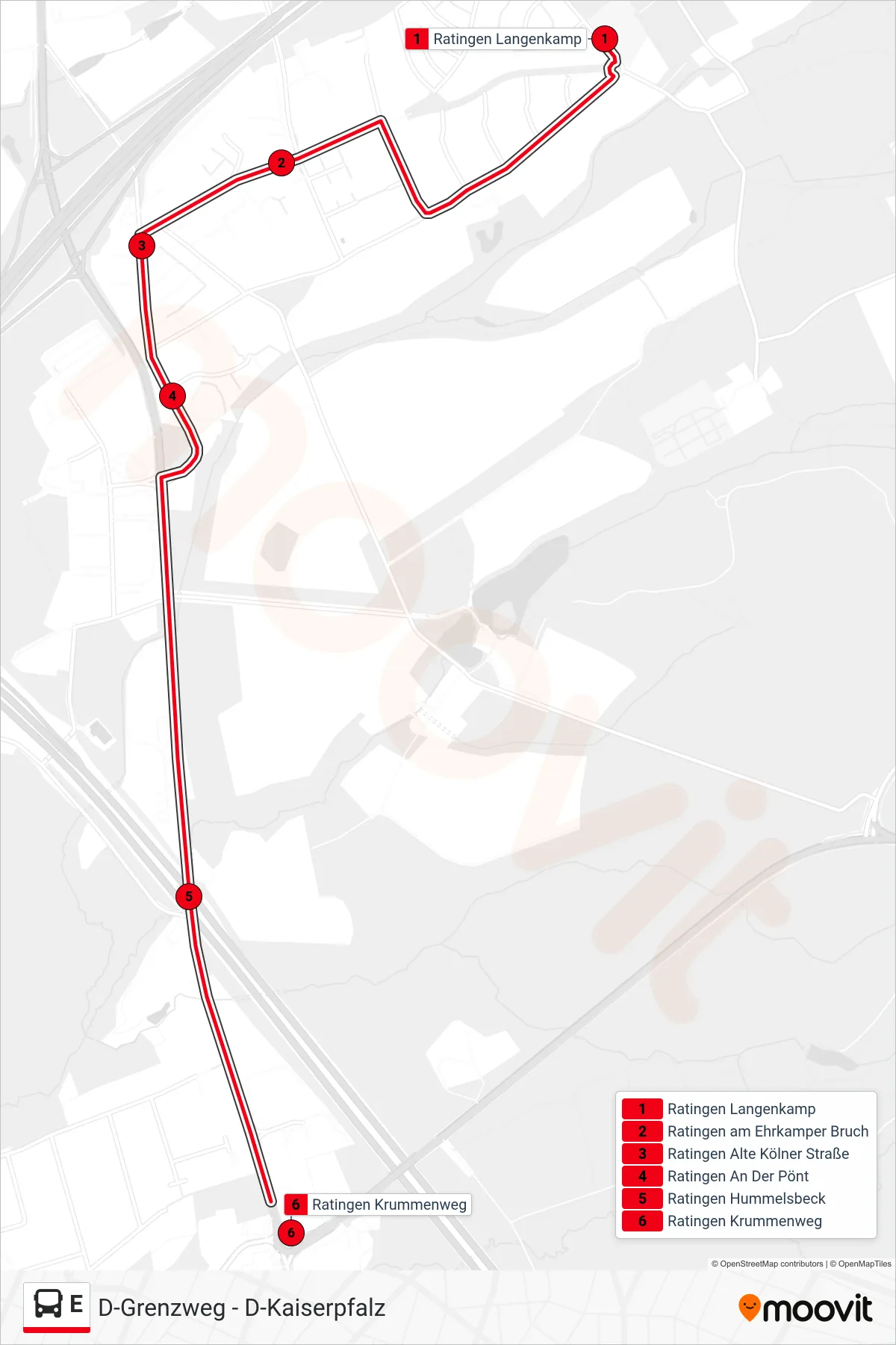 Linie E (Bus) Richtung Ratingen Krummenweg: Route und Haltestellen auf der Karte