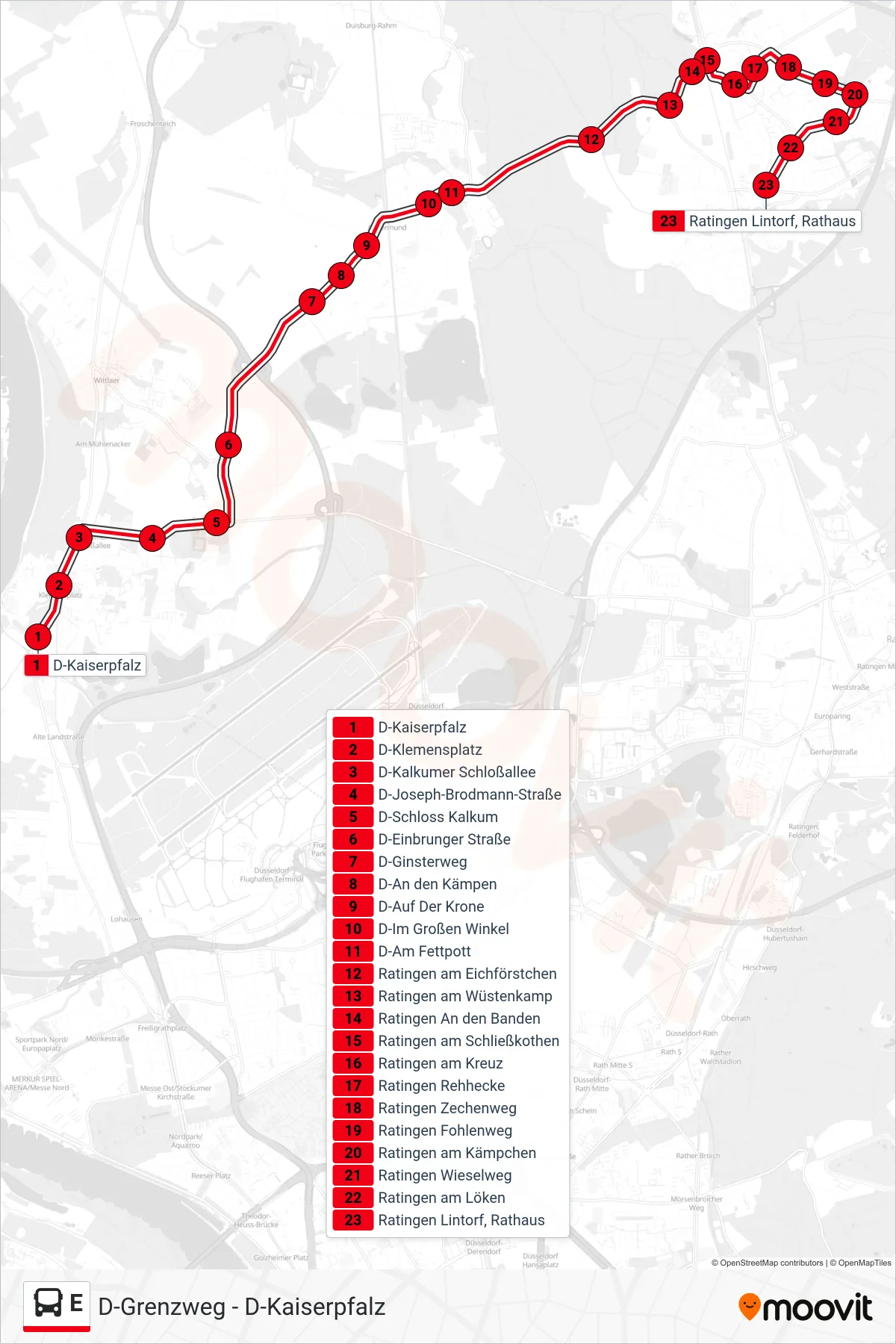 Linie E (Bus) Richtung Ratingen Lintorf, Rathaus: Route und Haltestellen auf der Karte