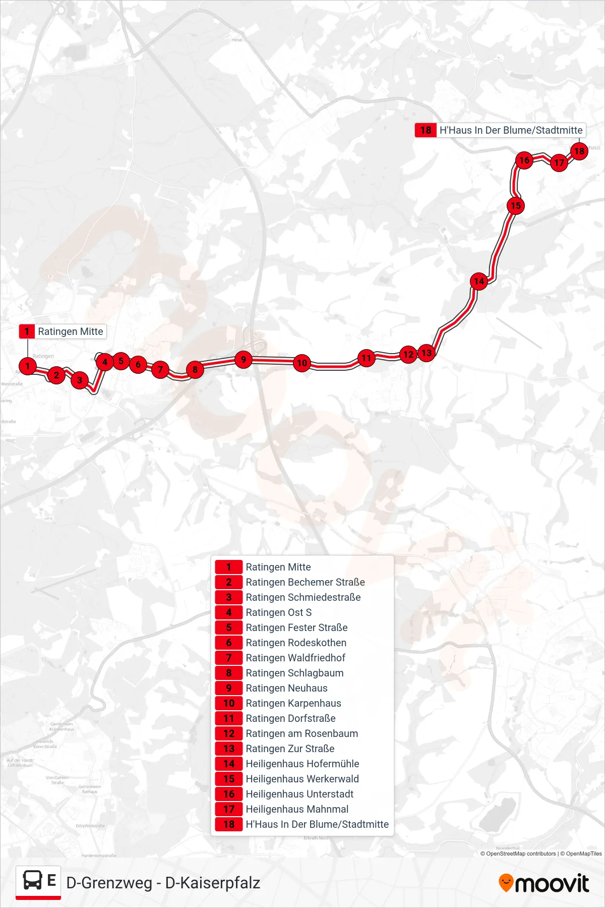 E bus Line (H'Haus In Der Blume/Stadtmitte) route and stops on a map