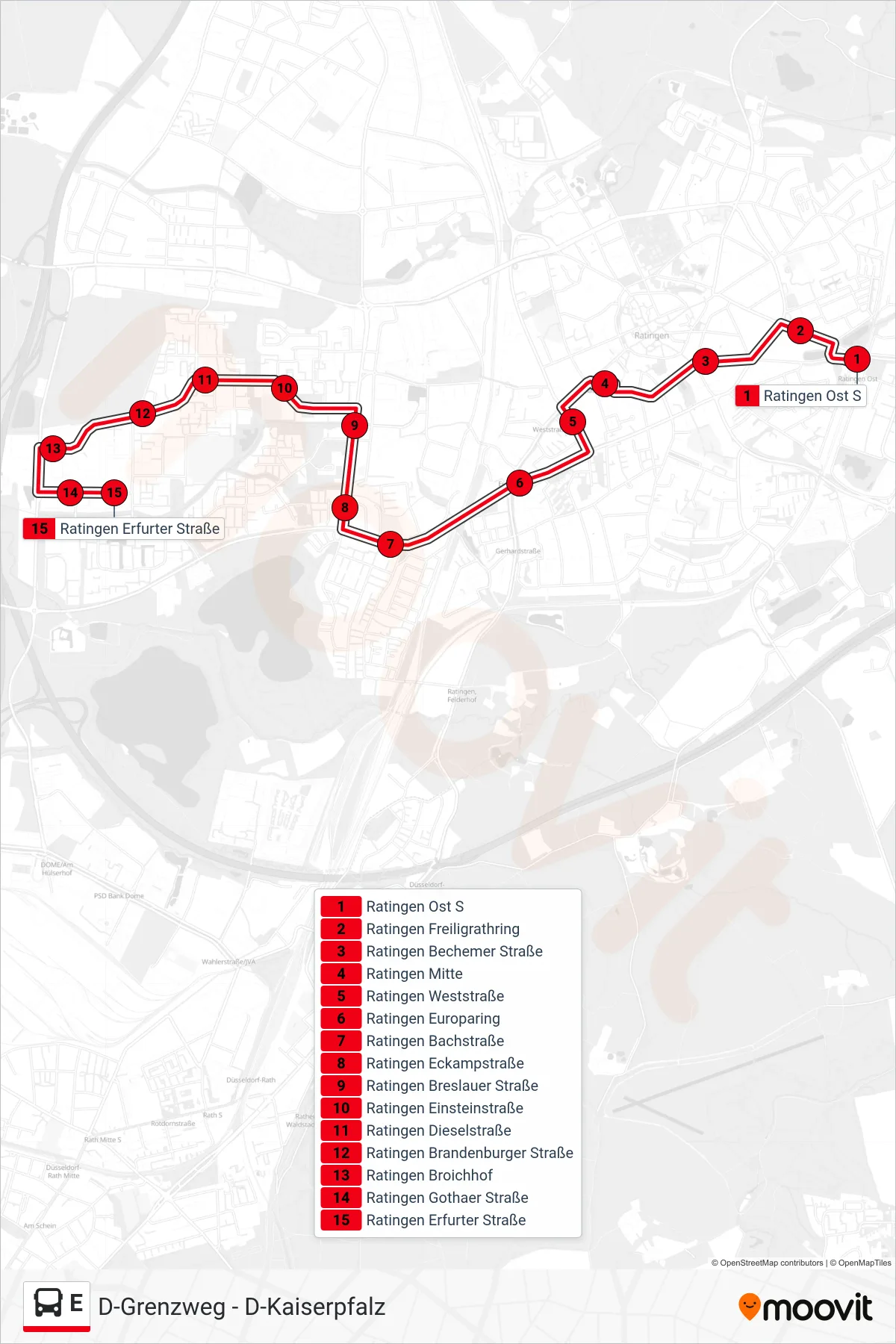 E bus Line (Ratingen Erfurter Straße) route and stops on a map