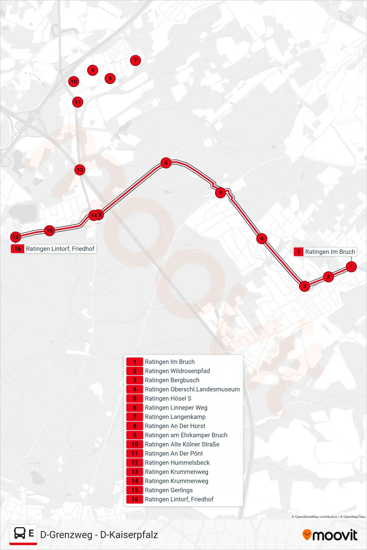 Linie E (Bus) Richtung Ratingen Lintorf, Friedhof: Route und Haltestellen auf der Karte