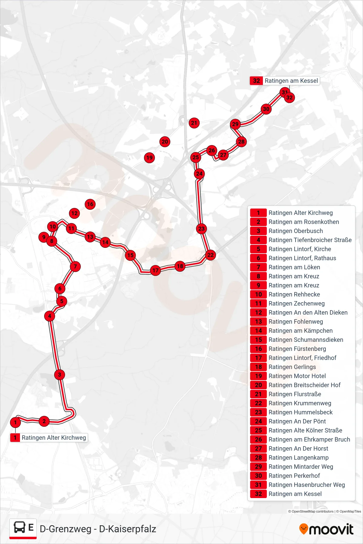 Linie E (Bus) Richtung Ratingen am Kessel: Route und Haltestellen auf der Karte
