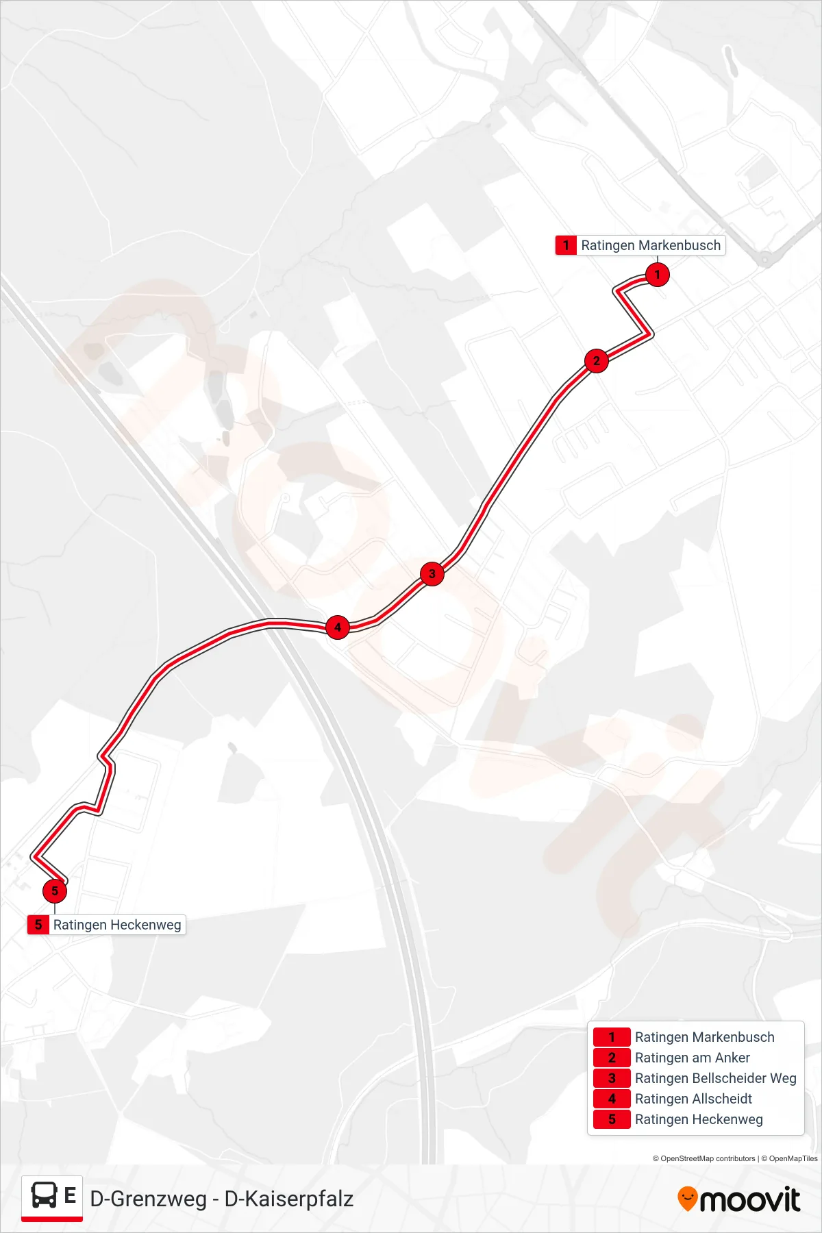 Linie E (Bus) Richtung Ratingen Heckenweg: Route und Haltestellen auf der Karte