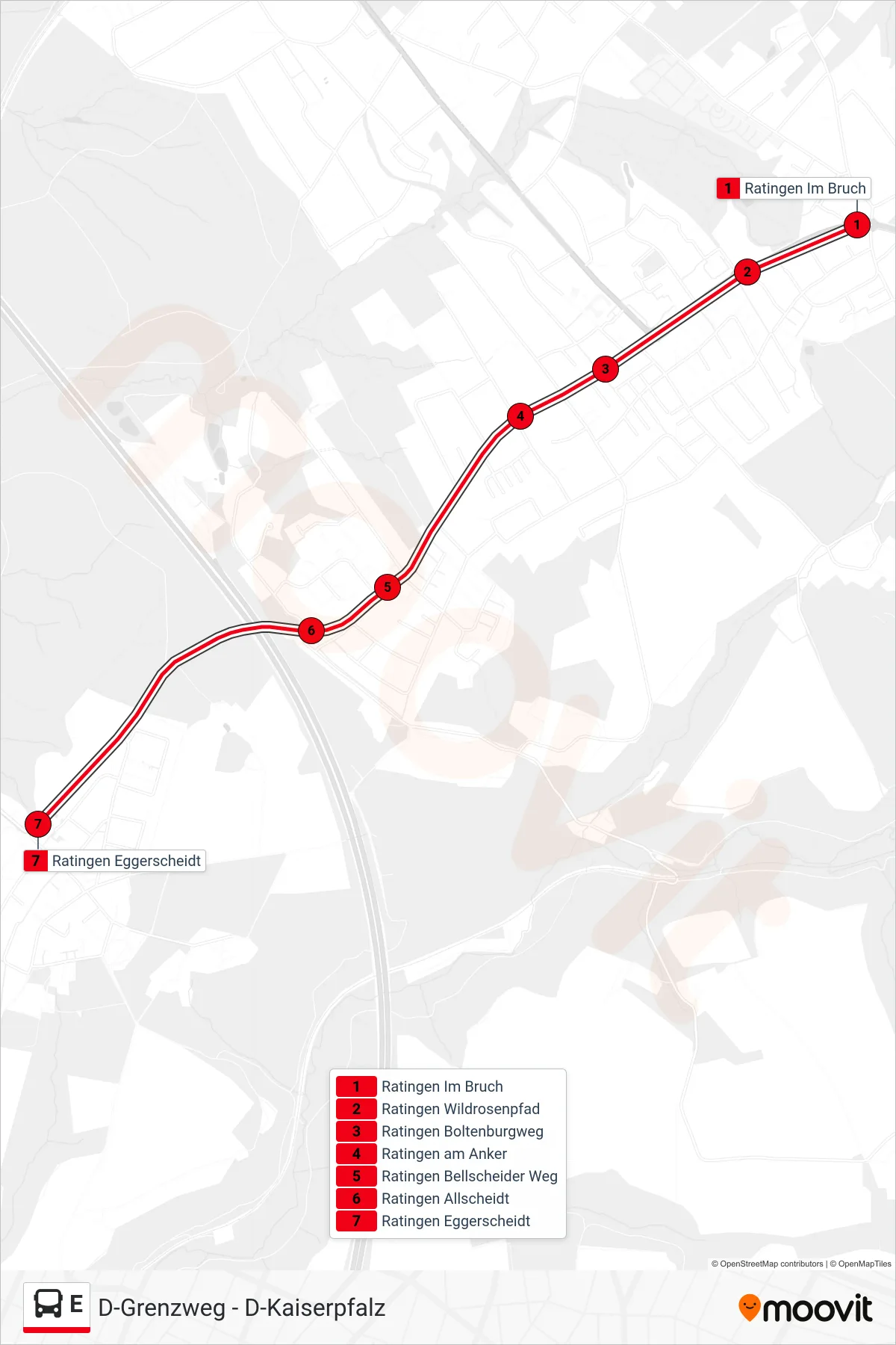 Linie E (Bus) Richtung Ratingen Eggerscheidt: Route und Haltestellen auf der Karte