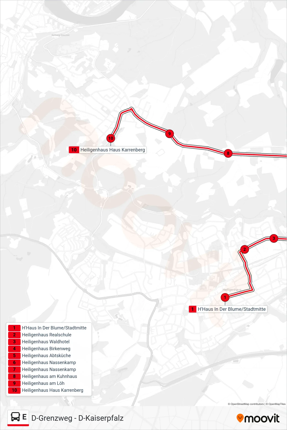 Linie E (Bus) Richtung Heiligenhaus Haus Karrenberg: Route und Haltestellen auf der Karte