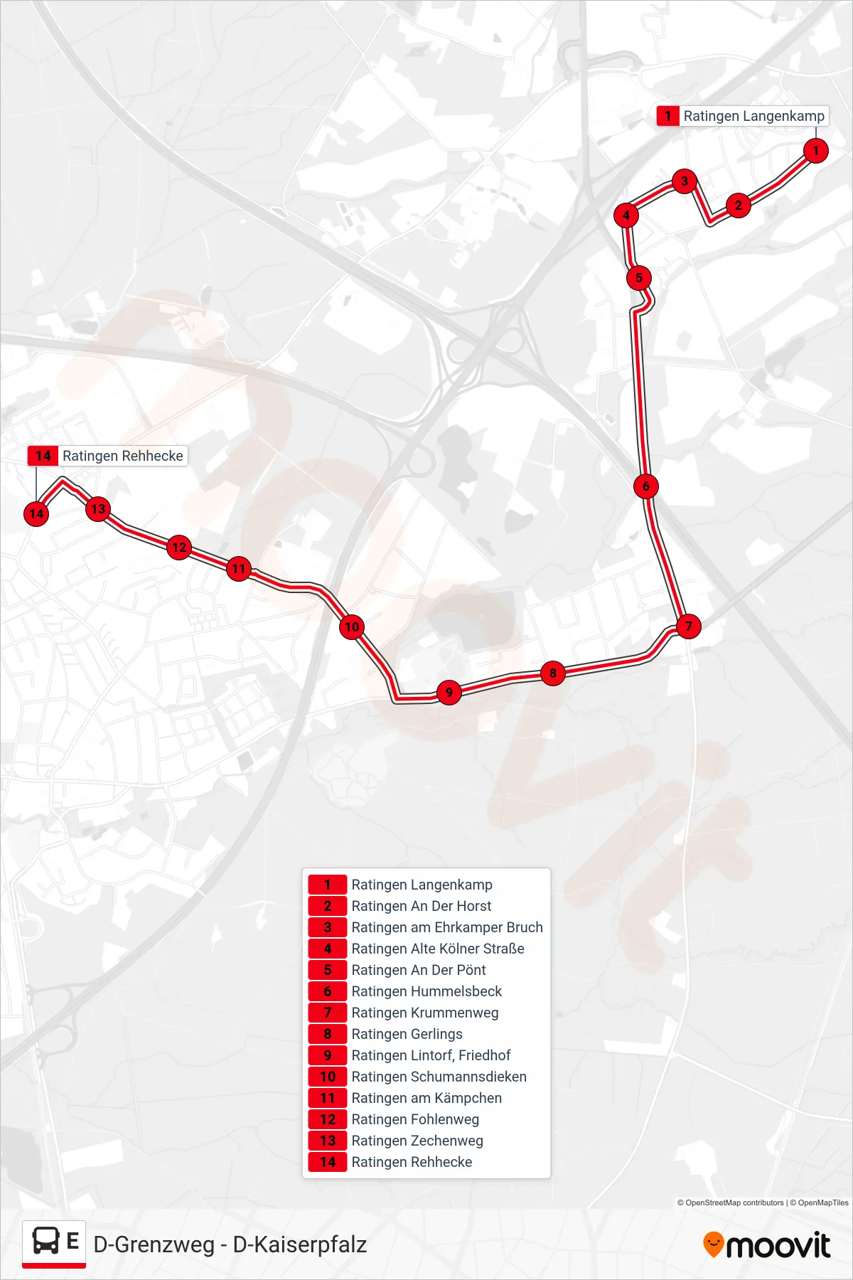 E bus Line (Ratingen Rehhecke) route and stops on a map