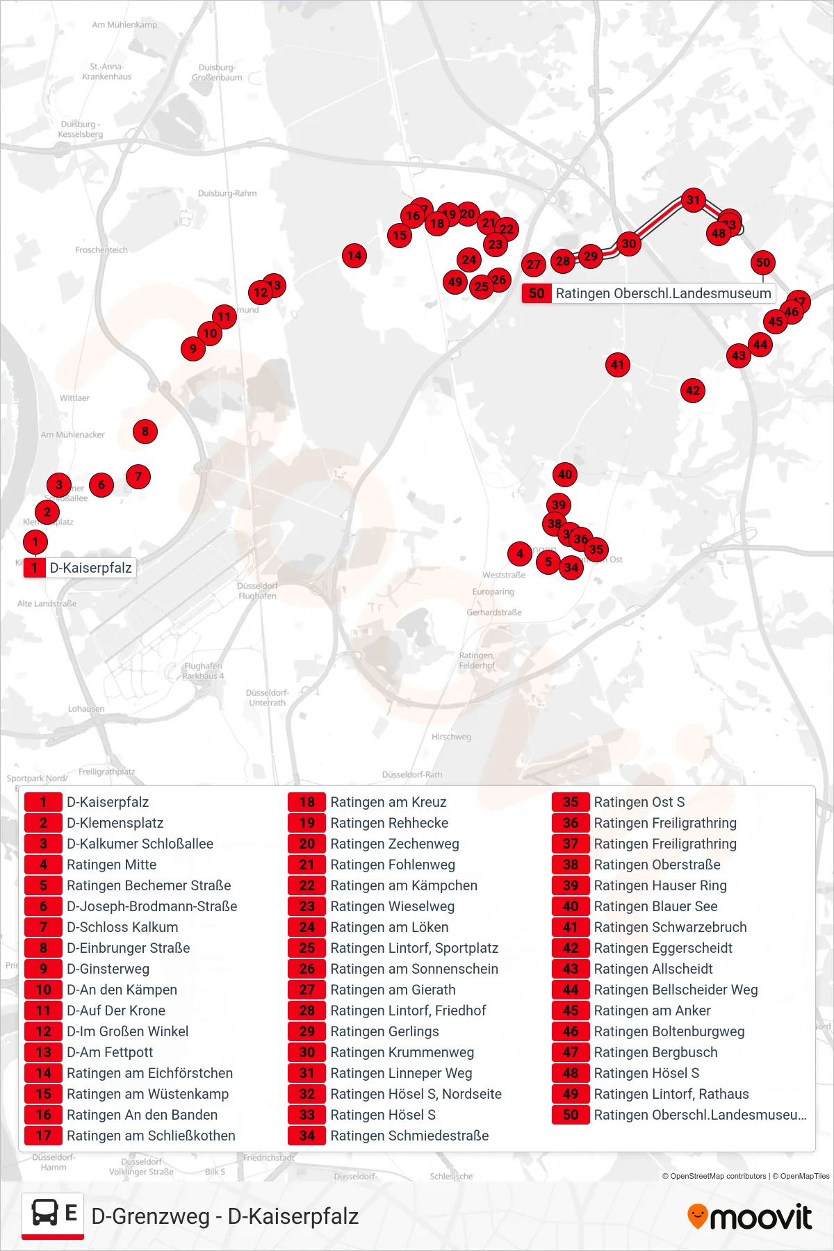 Linie E (Bus) Richtung Ratingen Hösel S: Route und Haltestellen auf der Karte