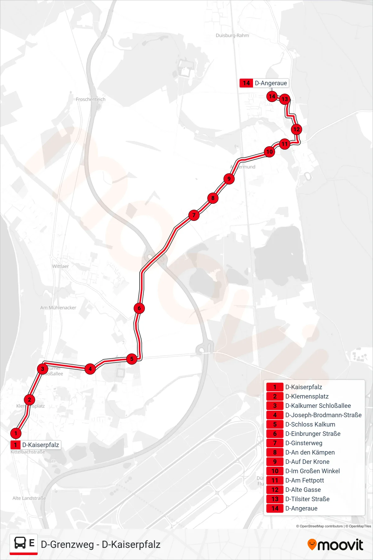 Linie E (Bus) Richtung D-Angeraue: Route und Haltestellen auf der Karte
