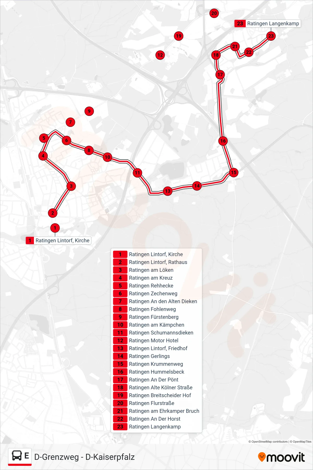Linie E (Bus) Richtung Ratingen Langenkamp: Route und Haltestellen auf der Karte
