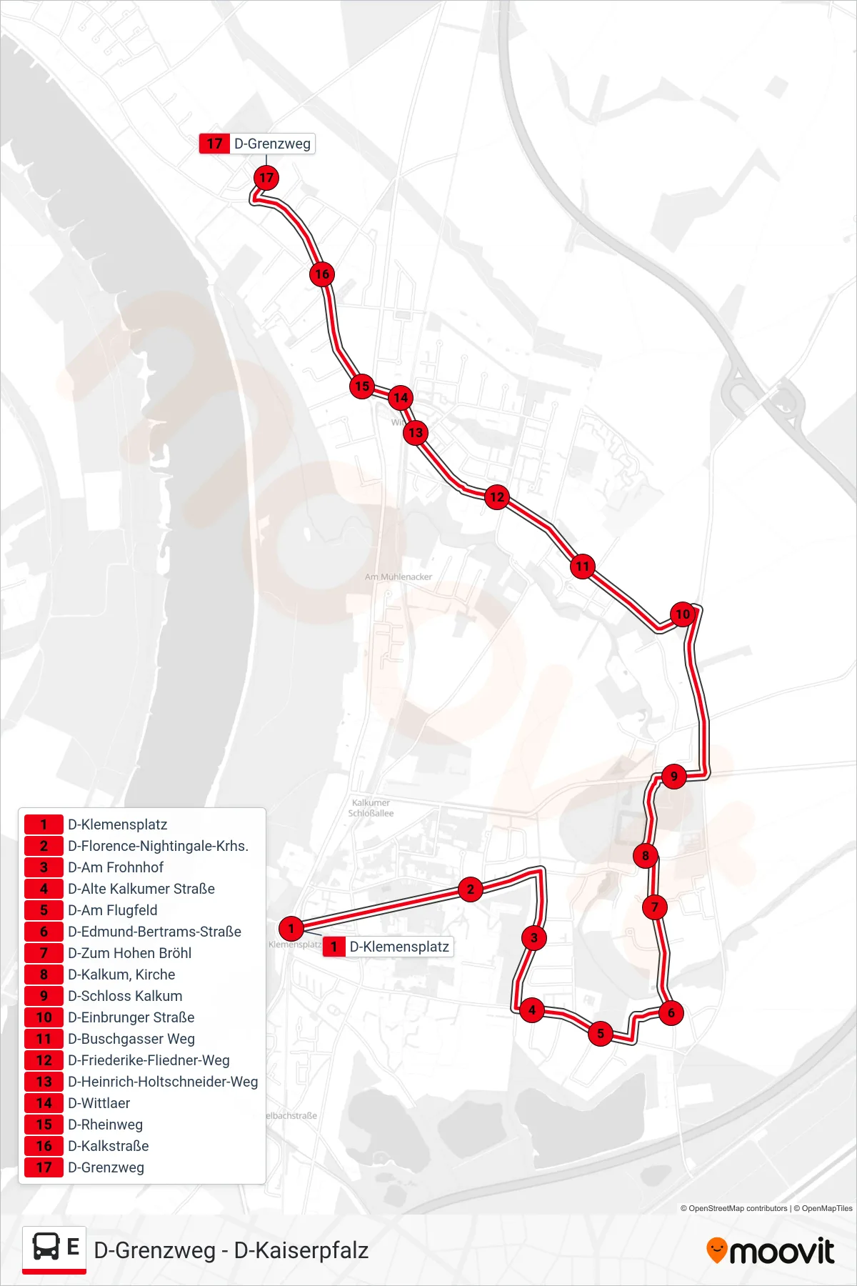 Linie E (Bus) Richtung D-Grenzweg: Route und Haltestellen auf der Karte