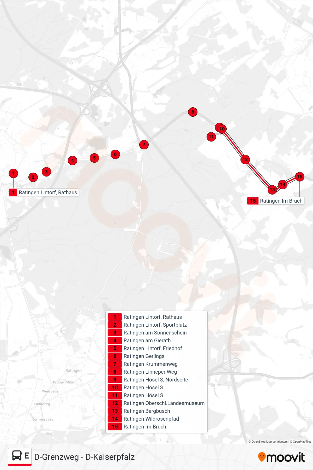 Linie E (Bus) Richtung Ratingen Im Bruch: Route und Haltestellen auf der Karte