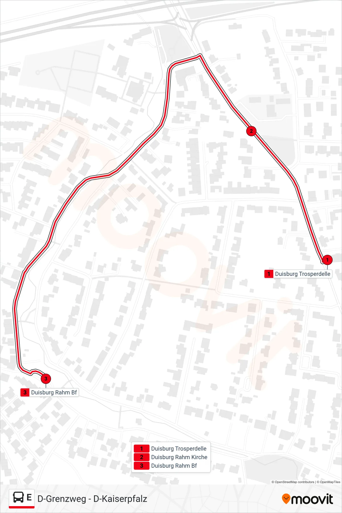 Linie E (Bus) Richtung Duisburg Rahm Bf: Route und Haltestellen auf der Karte