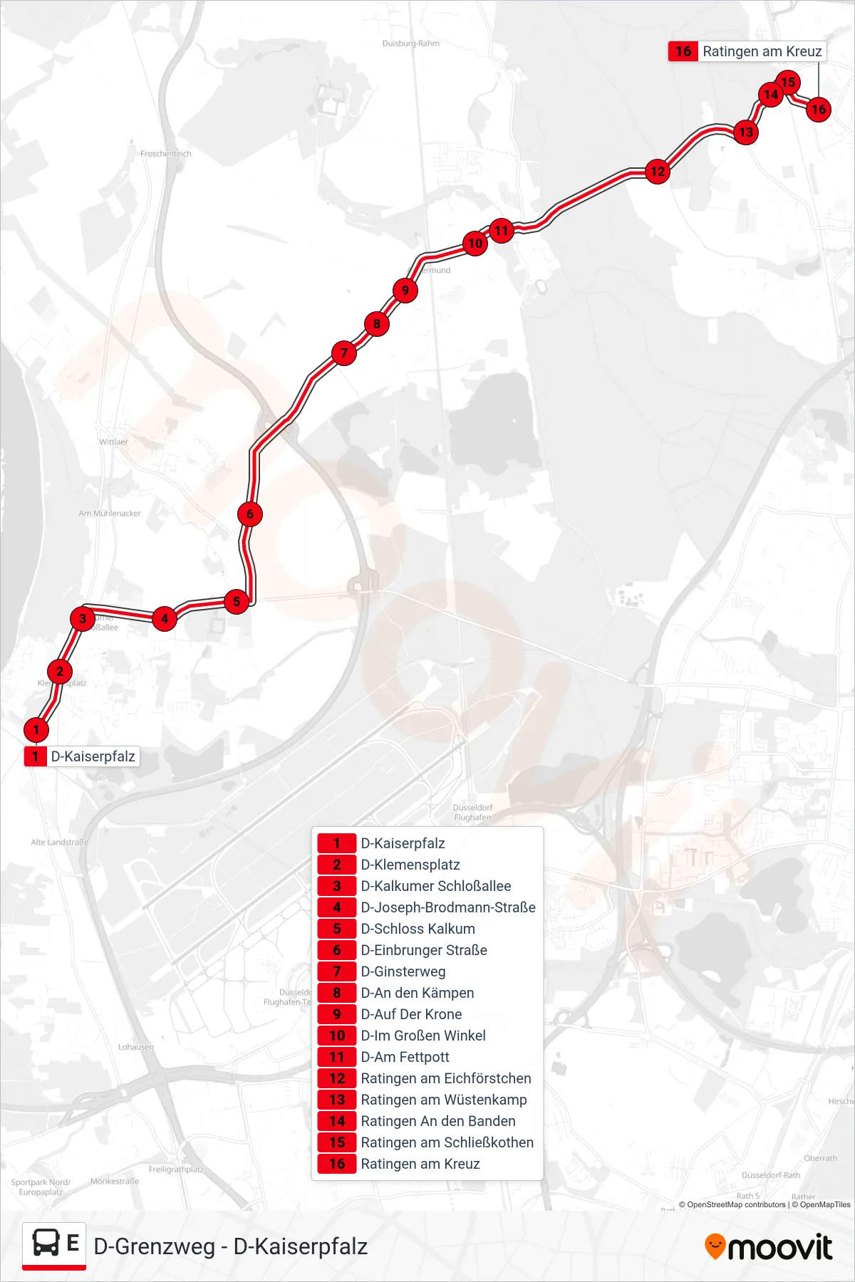 E bus Line (Ratingen am Kreuz) route and stops on a map
