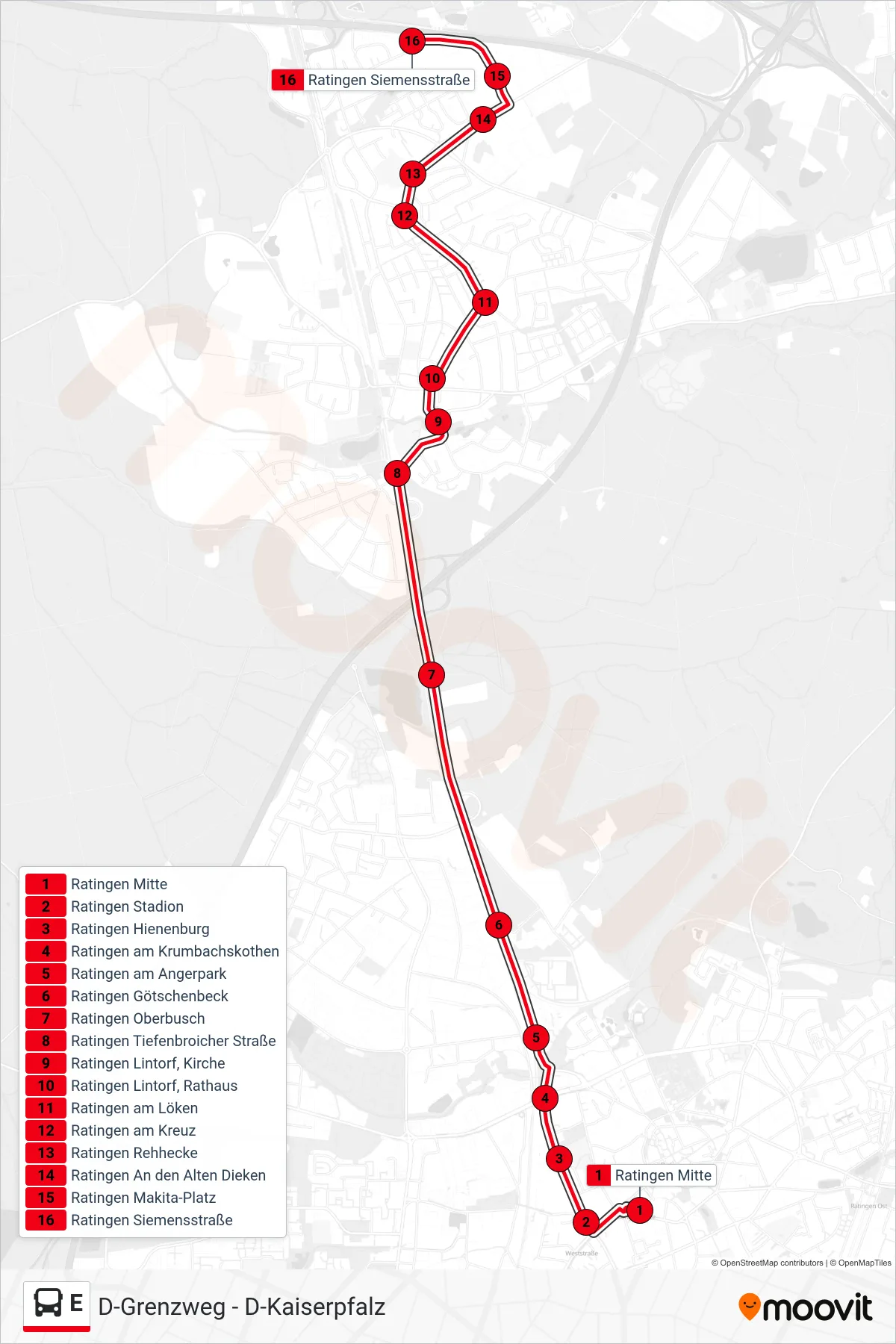 Linie E (Bus) Richtung Ratingen Siemensstraße: Route und Haltestellen auf der Karte