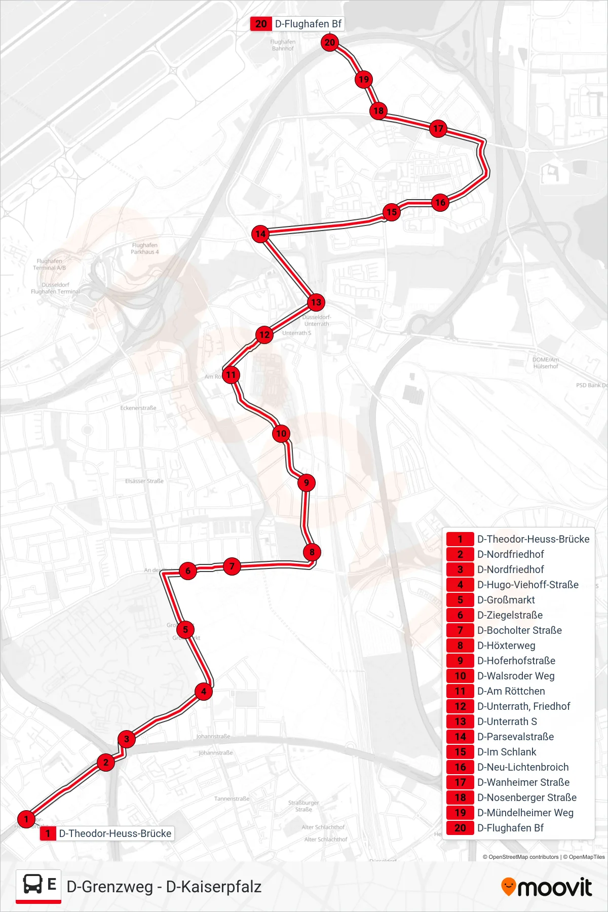 Linie E (Bus) Richtung D-Flughafen Bf: Route und Haltestellen auf der Karte