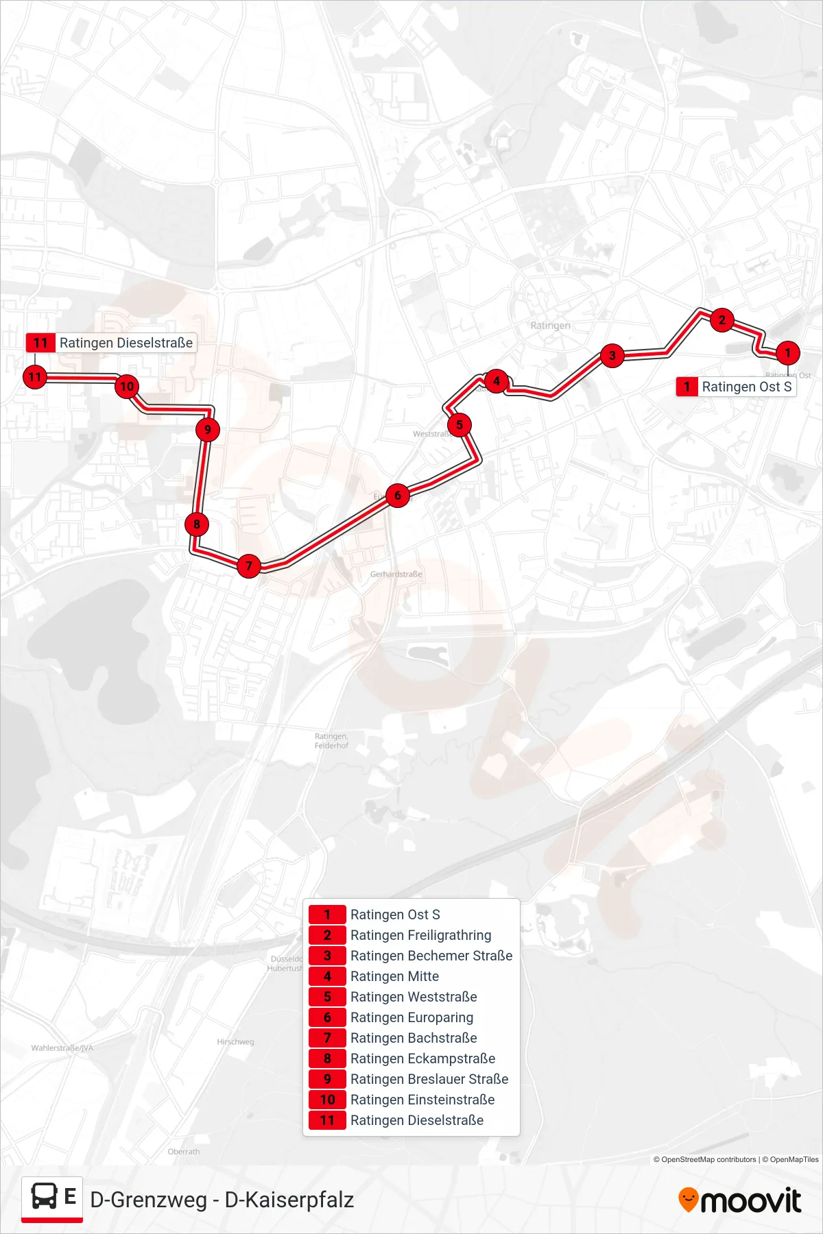 E bus Line (Ratingen Dieselstraße) route and stops on a map