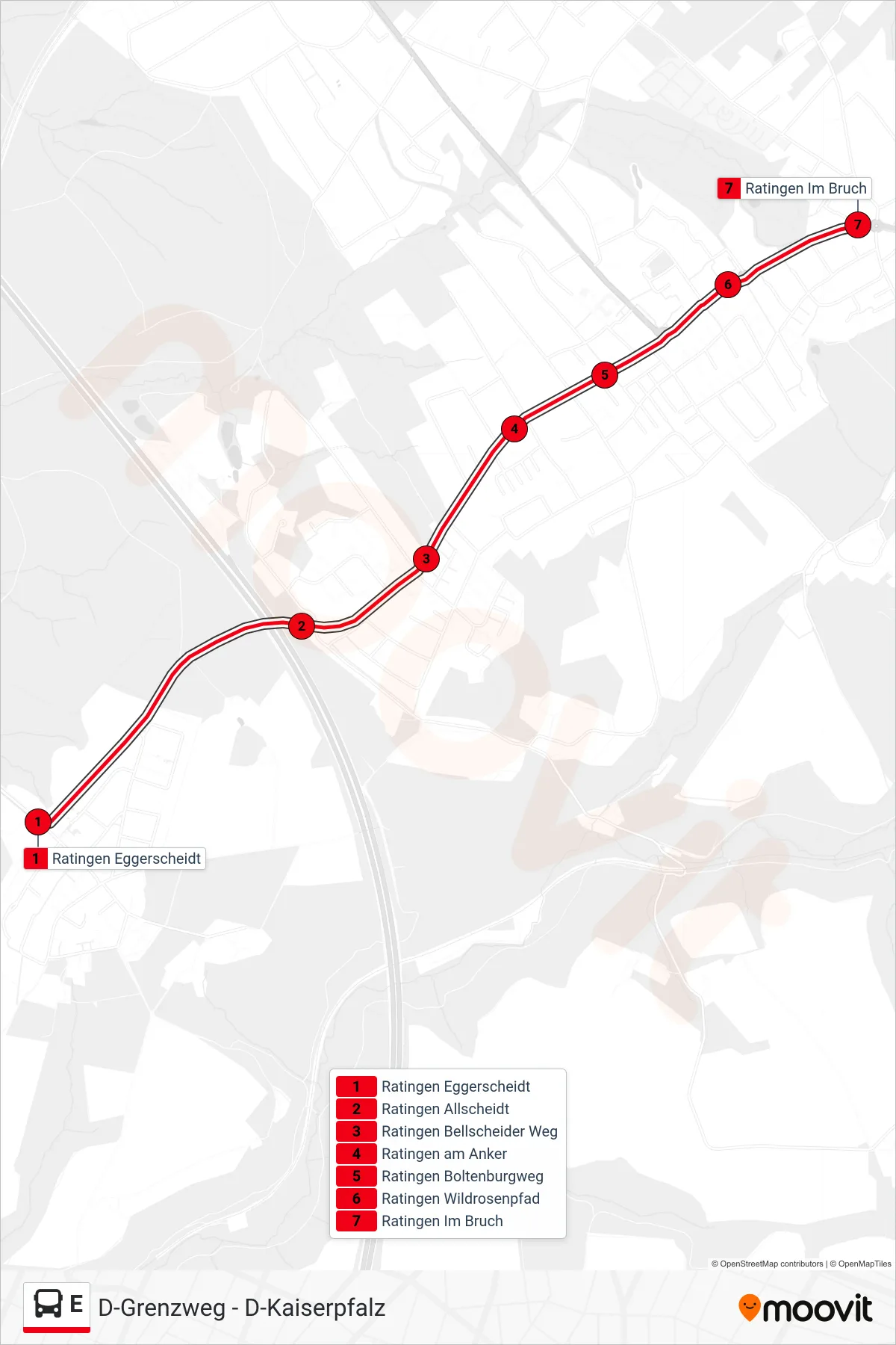 Linie E (Bus) Richtung Ratingen Im Bruch: Route und Haltestellen auf der Karte