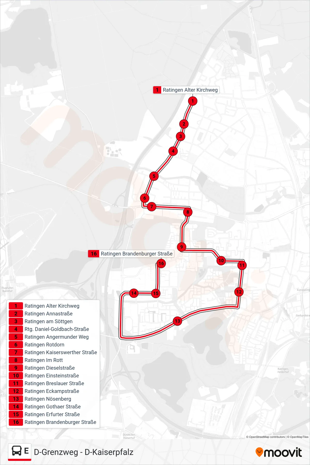 Linie E (Bus) Richtung Ratingen Brandenburger Straße: Route und Haltestellen auf der Karte