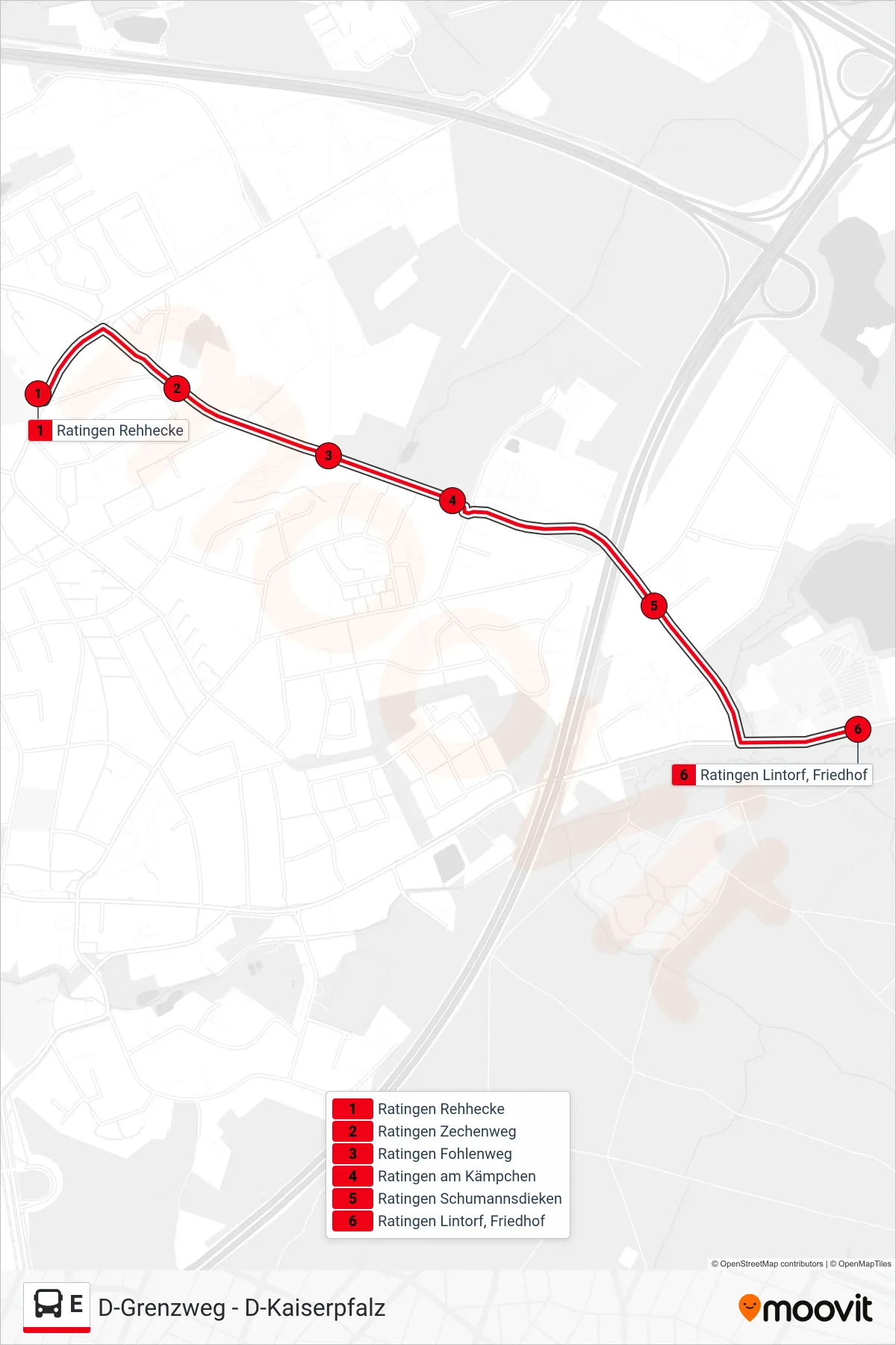 Linie E (Bus) Richtung Ratingen Lintorf, Friedhof: Route und Haltestellen auf der Karte