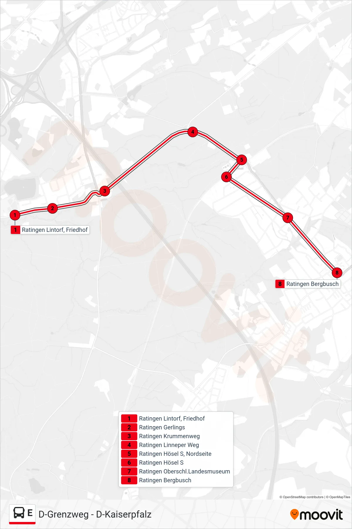 Linie E (Bus) Richtung Ratingen Bergbusch: Route und Haltestellen auf der Karte