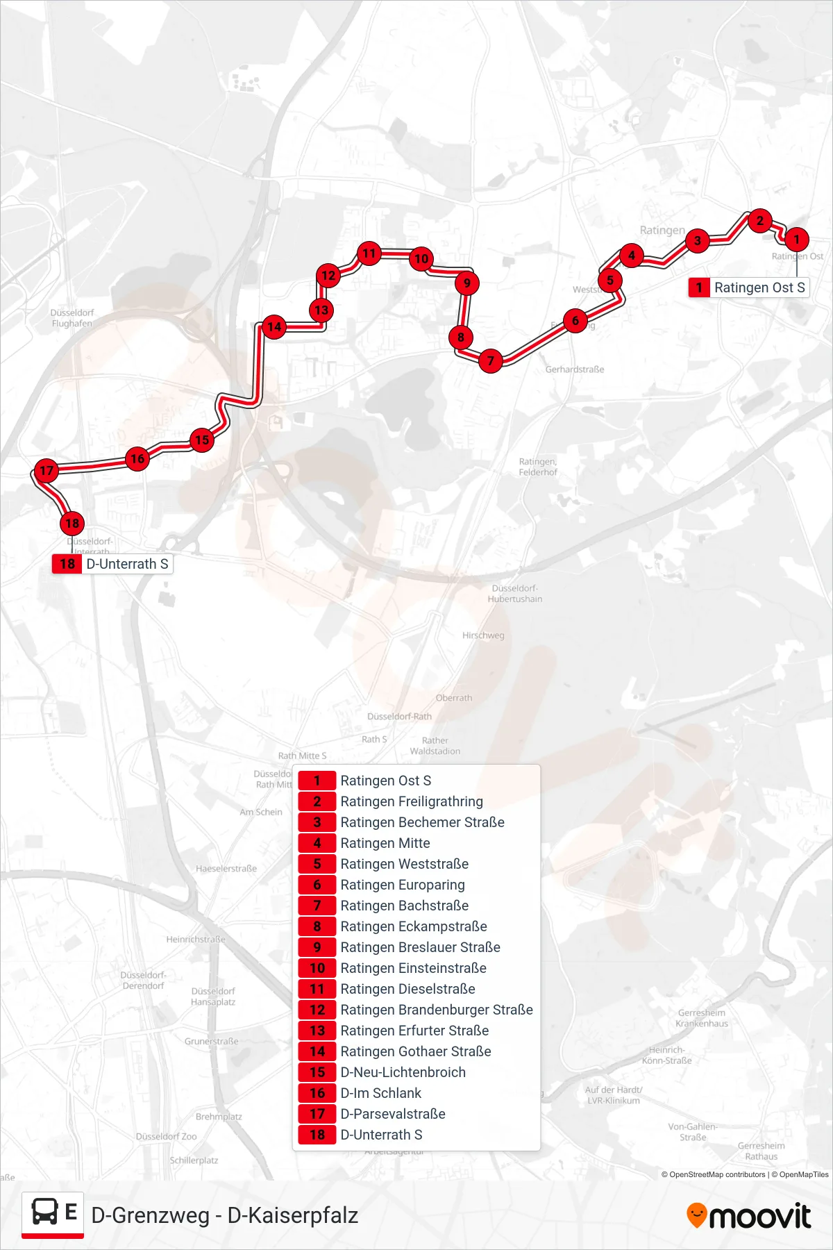 Linie E (Bus) Richtung D-Unterrath S: Route und Haltestellen auf der Karte