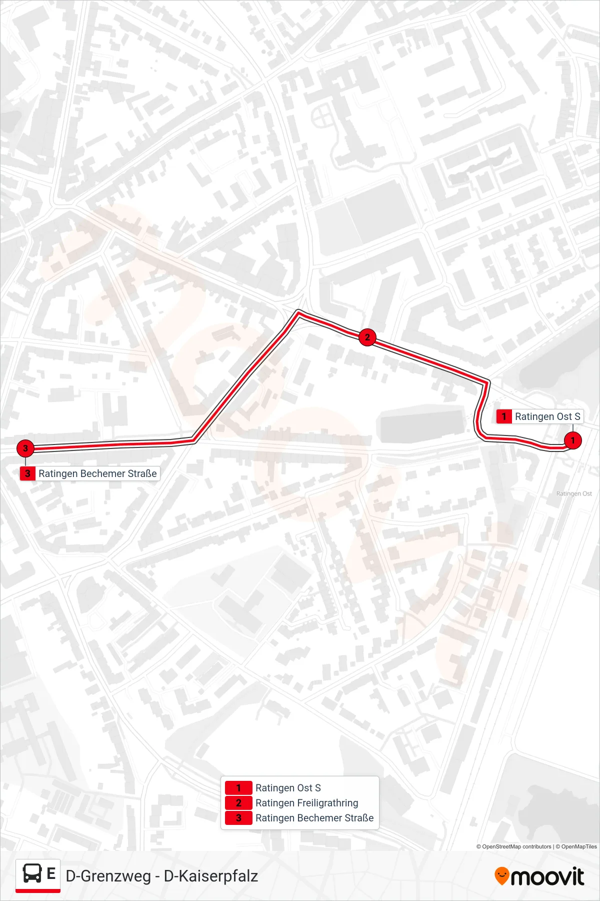 Linie E (Bus) Richtung Ratingen Bechemer Straße: Route und Haltestellen auf der Karte