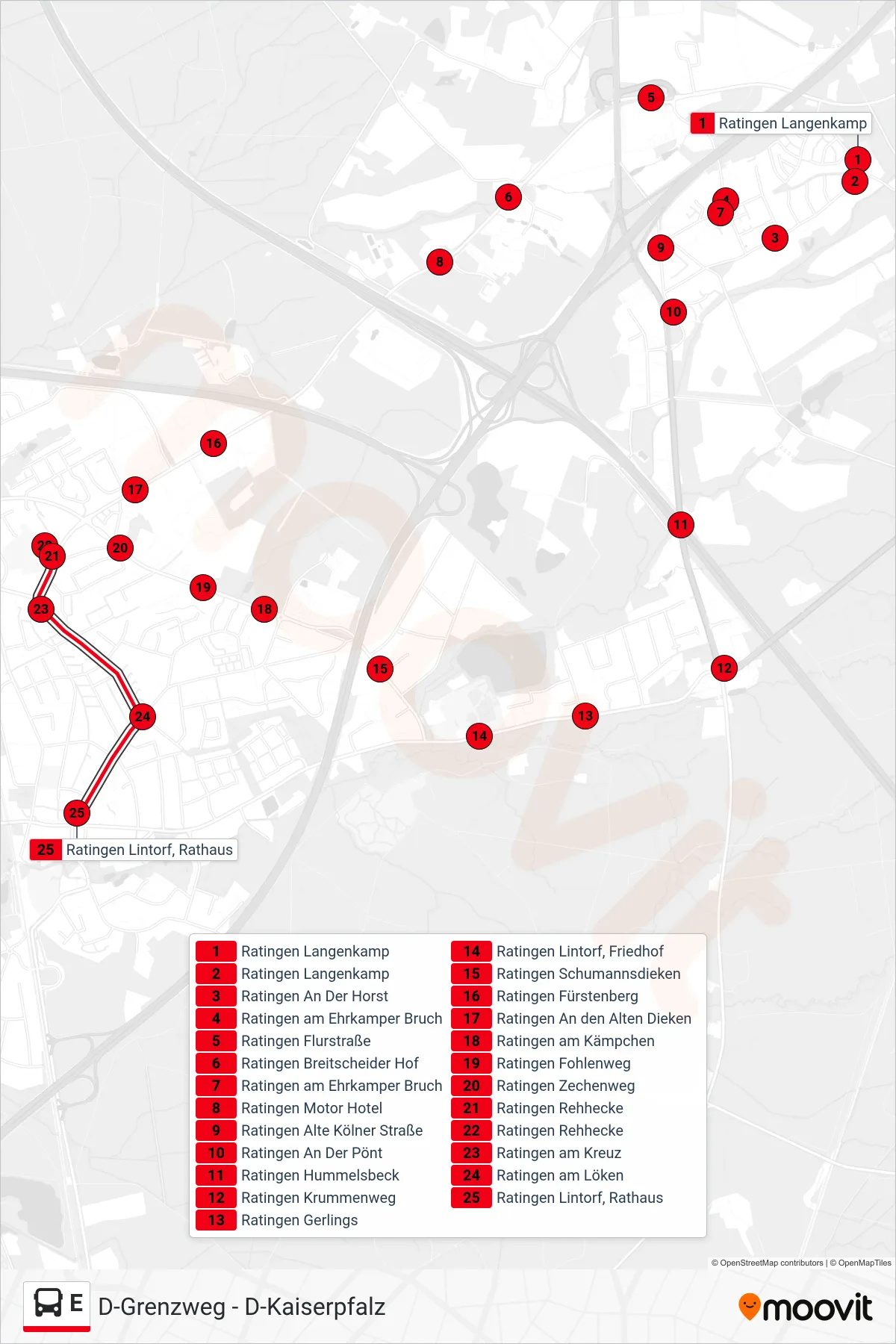 Linie E (Bus) Richtung Ratingen Lintorf, Rathaus: Route und Haltestellen auf der Karte