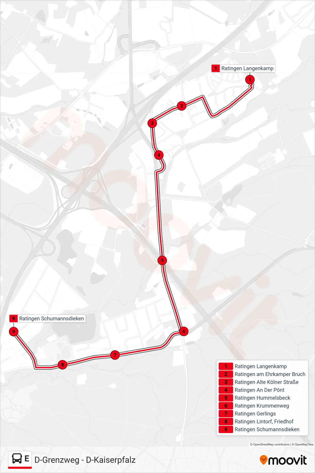 Linie E (Bus) Richtung Ratingen Schumannsdieken: Route und Haltestellen auf der Karte