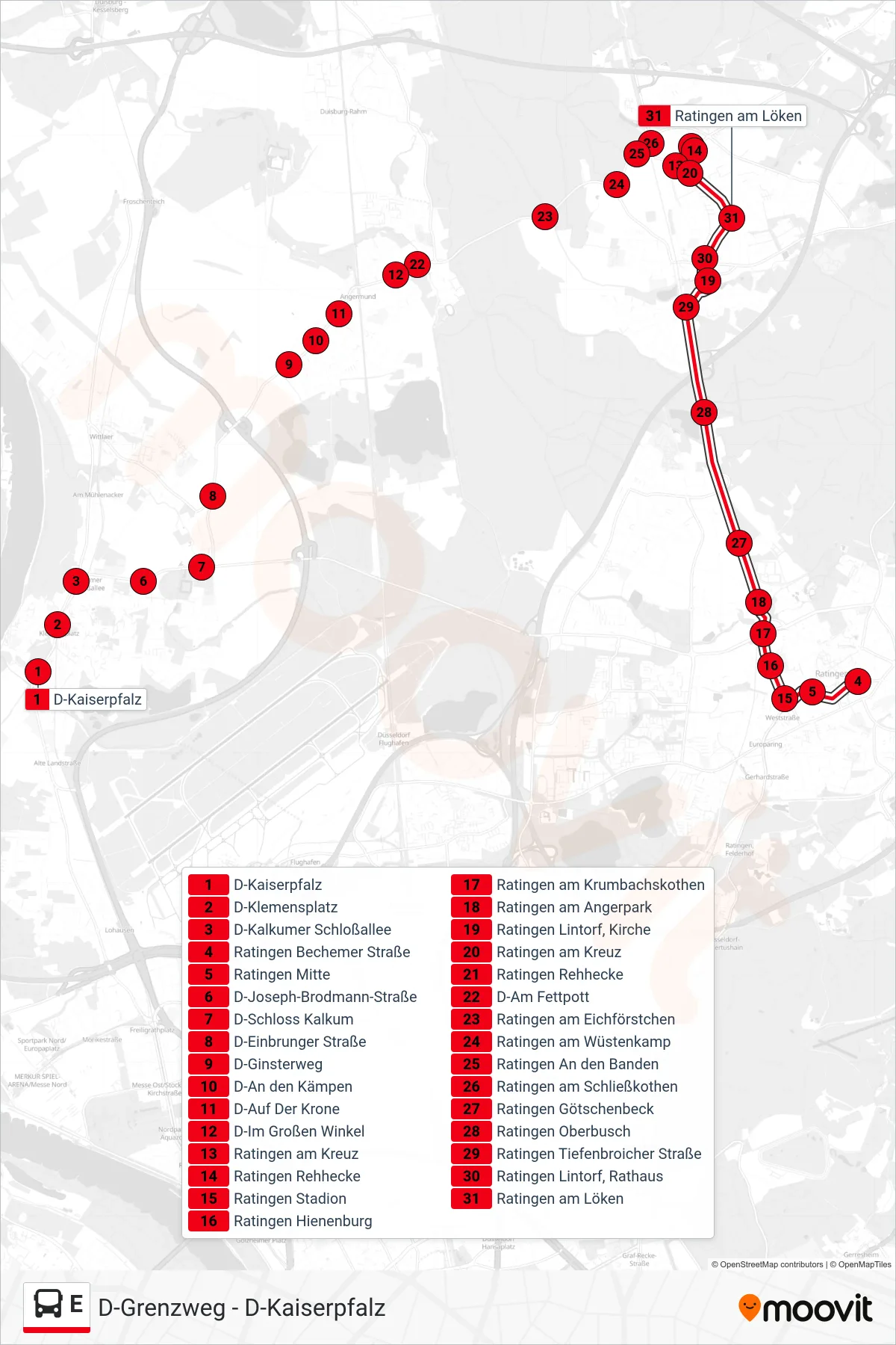 Linie E (Bus) Richtung Ratingen Rehhecke: Route und Haltestellen auf der Karte