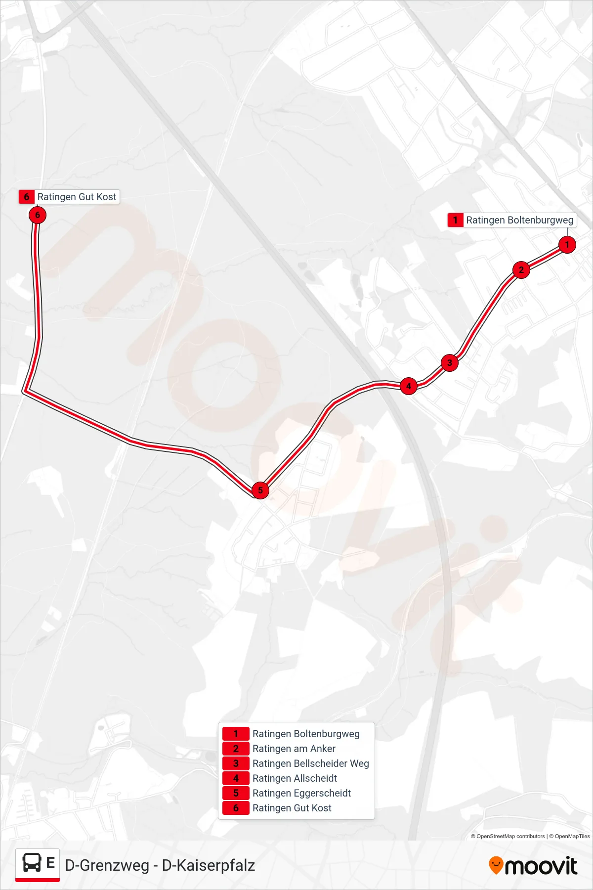 Linie E (Bus) Richtung Ratingen Gut Kost: Route und Haltestellen auf der Karte