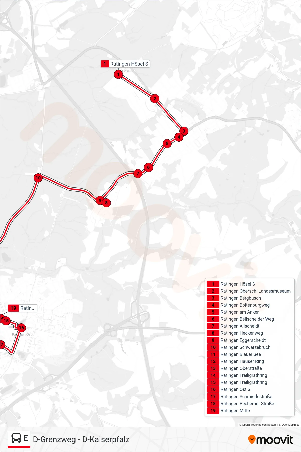Linie E (Bus) Richtung Ratingen Mitte: Route und Haltestellen auf der Karte