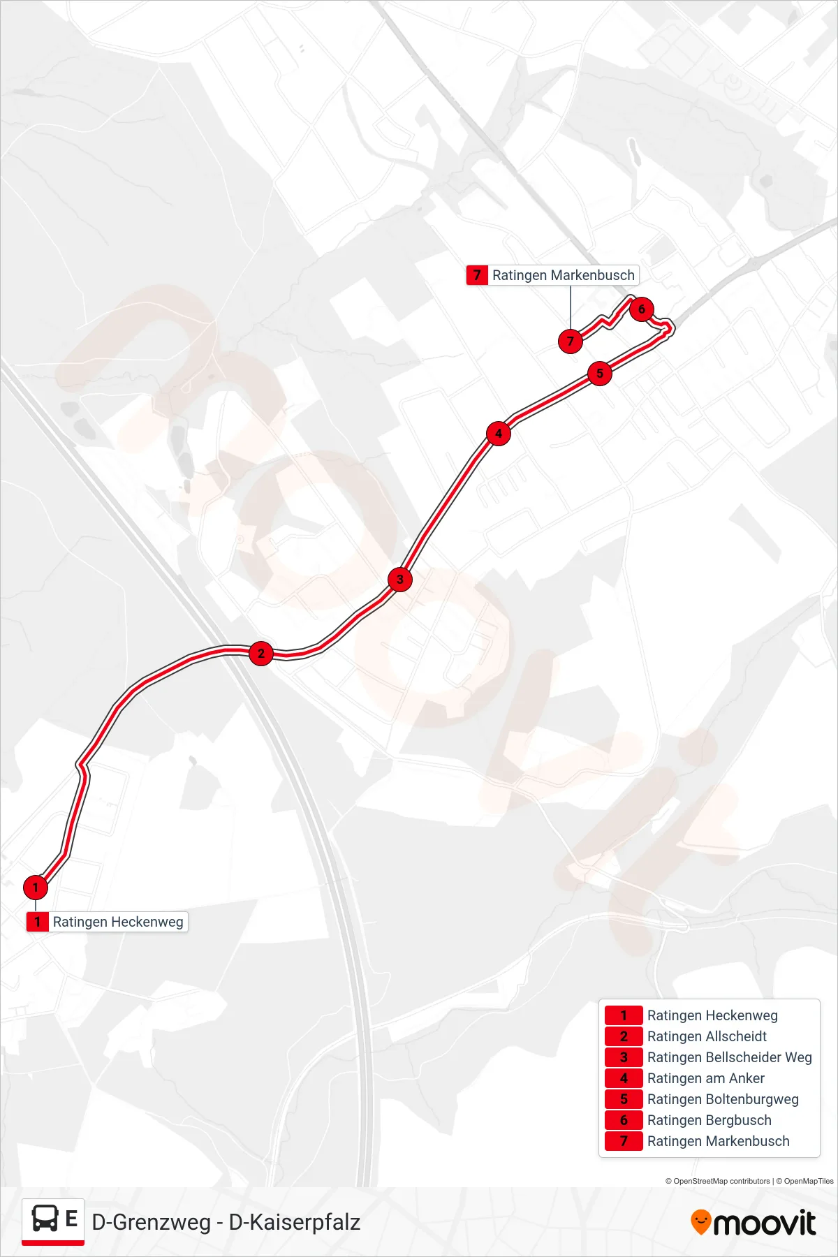 Linie E (Bus) Richtung Ratingen Markenbusch: Route und Haltestellen auf der Karte