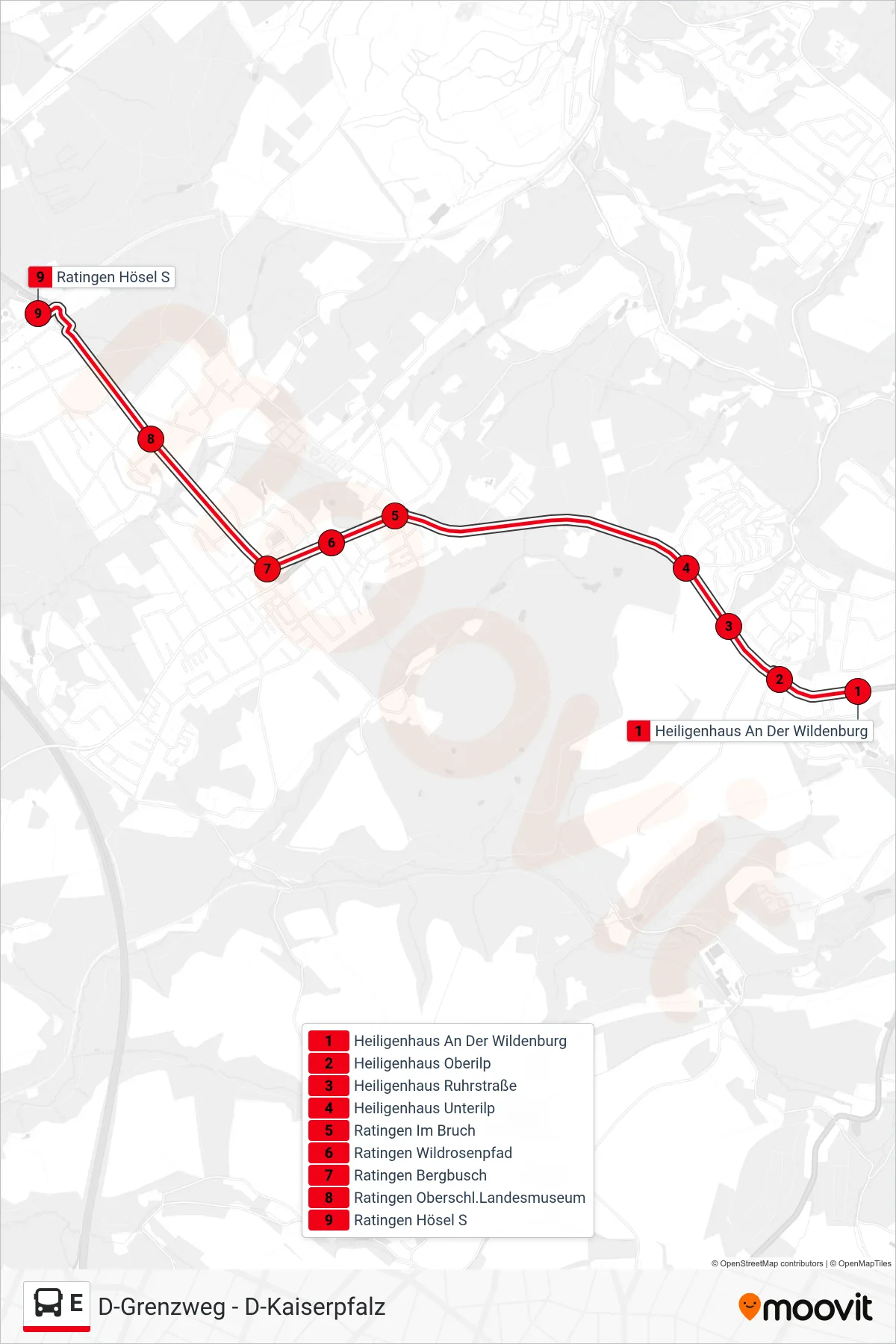 E bus Line (Ratingen Hösel S) route and stops on a map