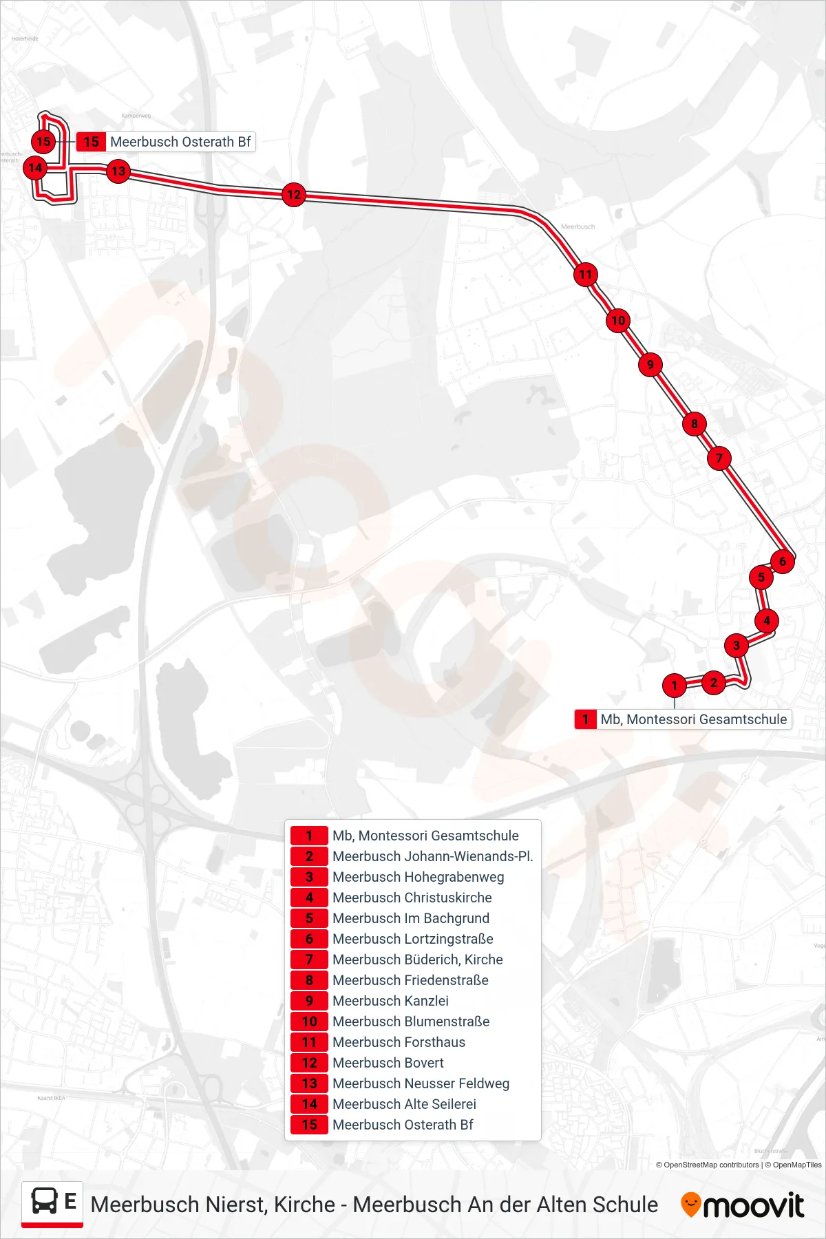 Linie E (Bus) Richtung Meerbusch Osterath Bf: Route und Haltestellen auf der Karte