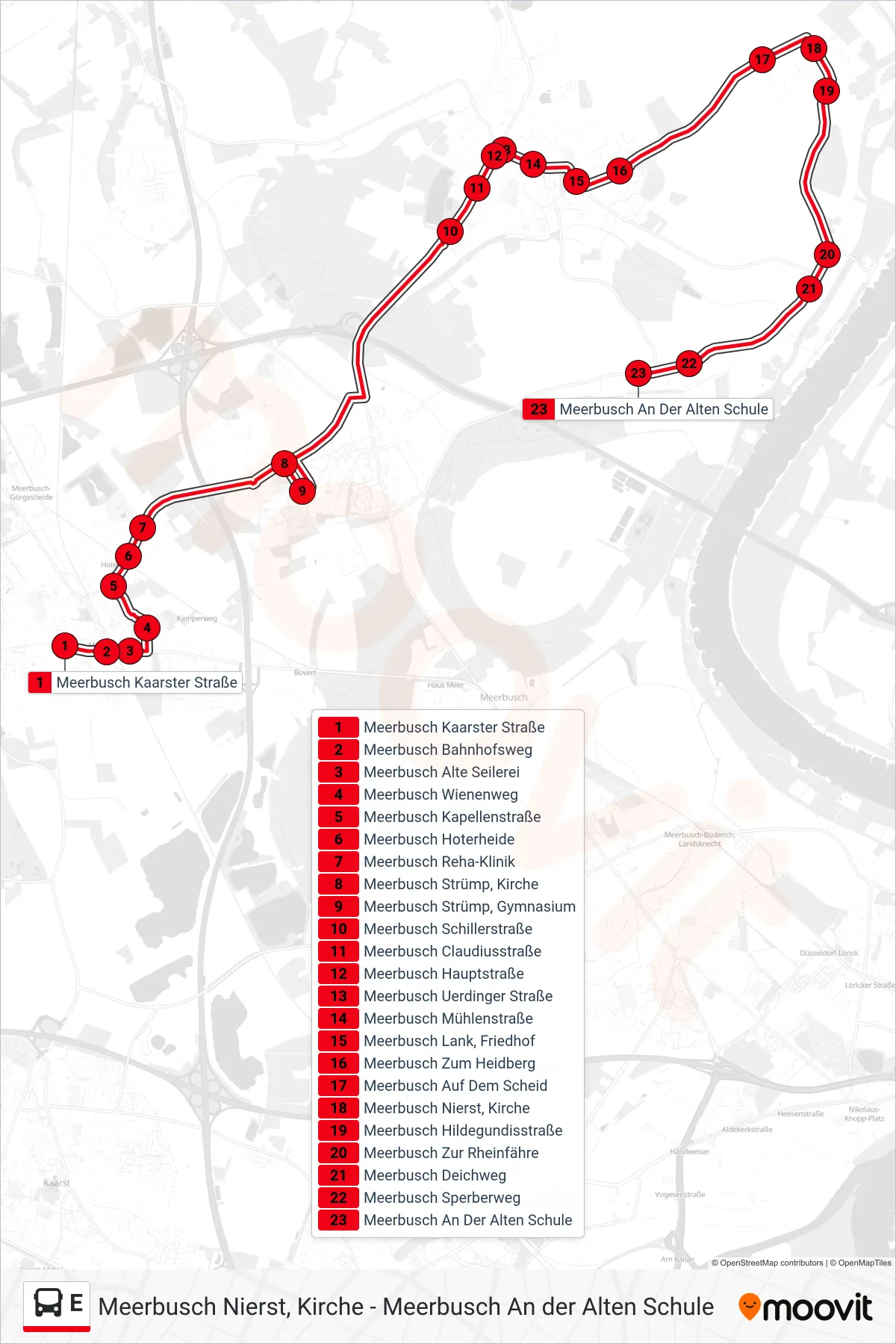 Linie E (Bus) Richtung Meerbusch An Der Alten Schule: Route und Haltestellen auf der Karte