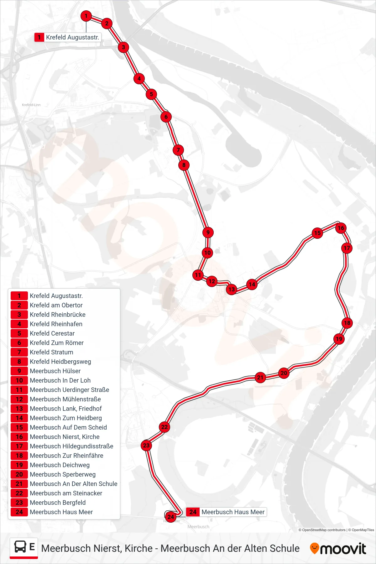 Linie E (Bus) Richtung Meerbusch Haus Meer: Route und Haltestellen auf der Karte