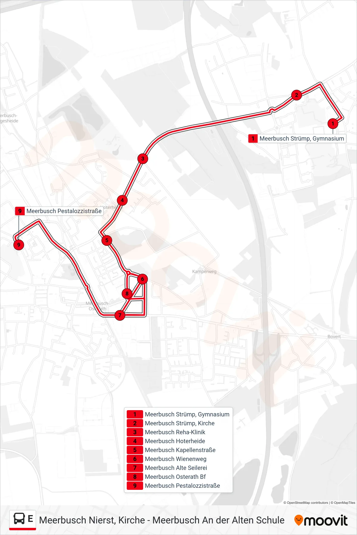Linie E (Bus) Richtung Meerbusch Pestalozzistraße: Route und Haltestellen auf der Karte