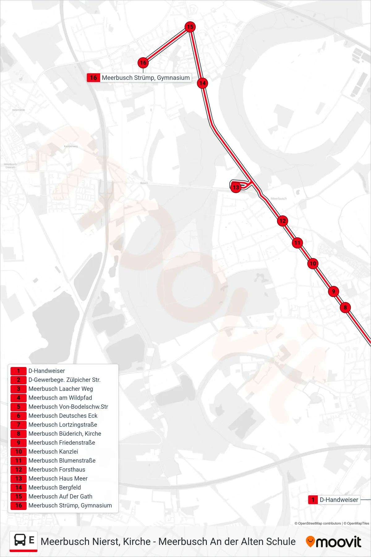 Linie E (Bus) Richtung Meerbusch Strümp, Gymnasium: Route und Haltestellen auf der Karte