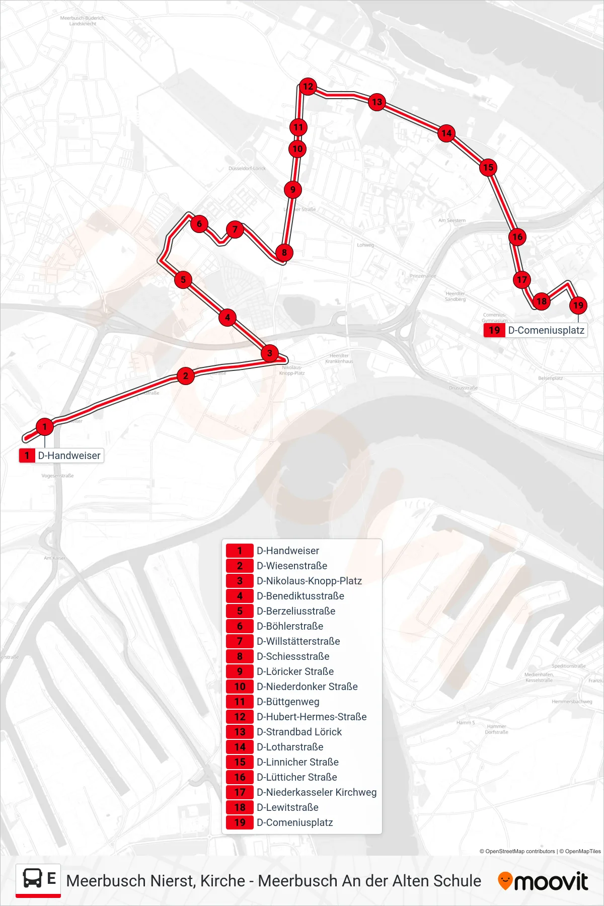 Linie E (Bus) Richtung D-Comeniusplatz: Route und Haltestellen auf der Karte